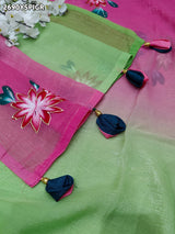 Saree with floral patterns on a pink and green Crush Tissue Printed Style With Casual wear
