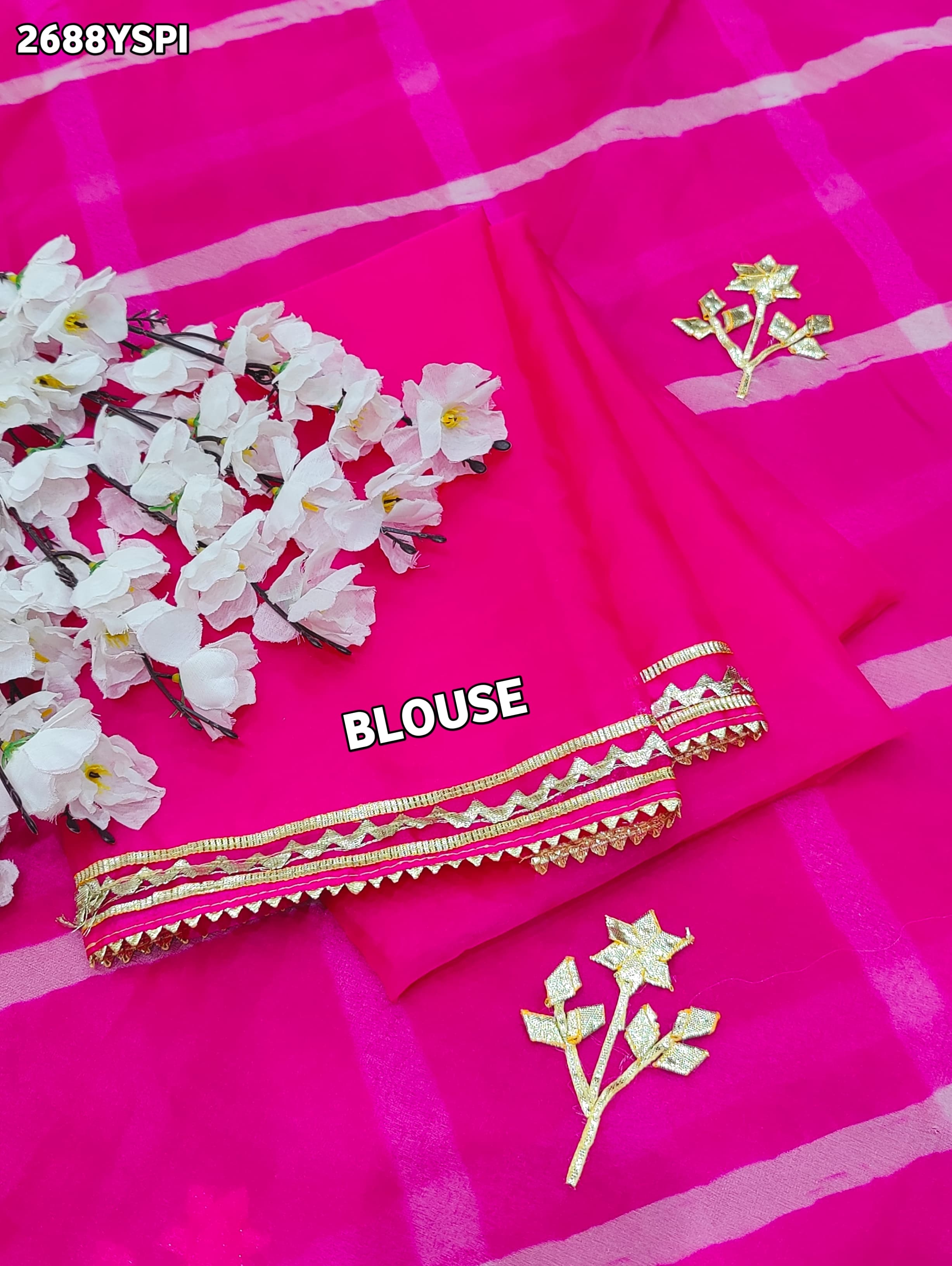 Pink saree with gold patternsOrganza Leheriya Style With Gotapatti Work