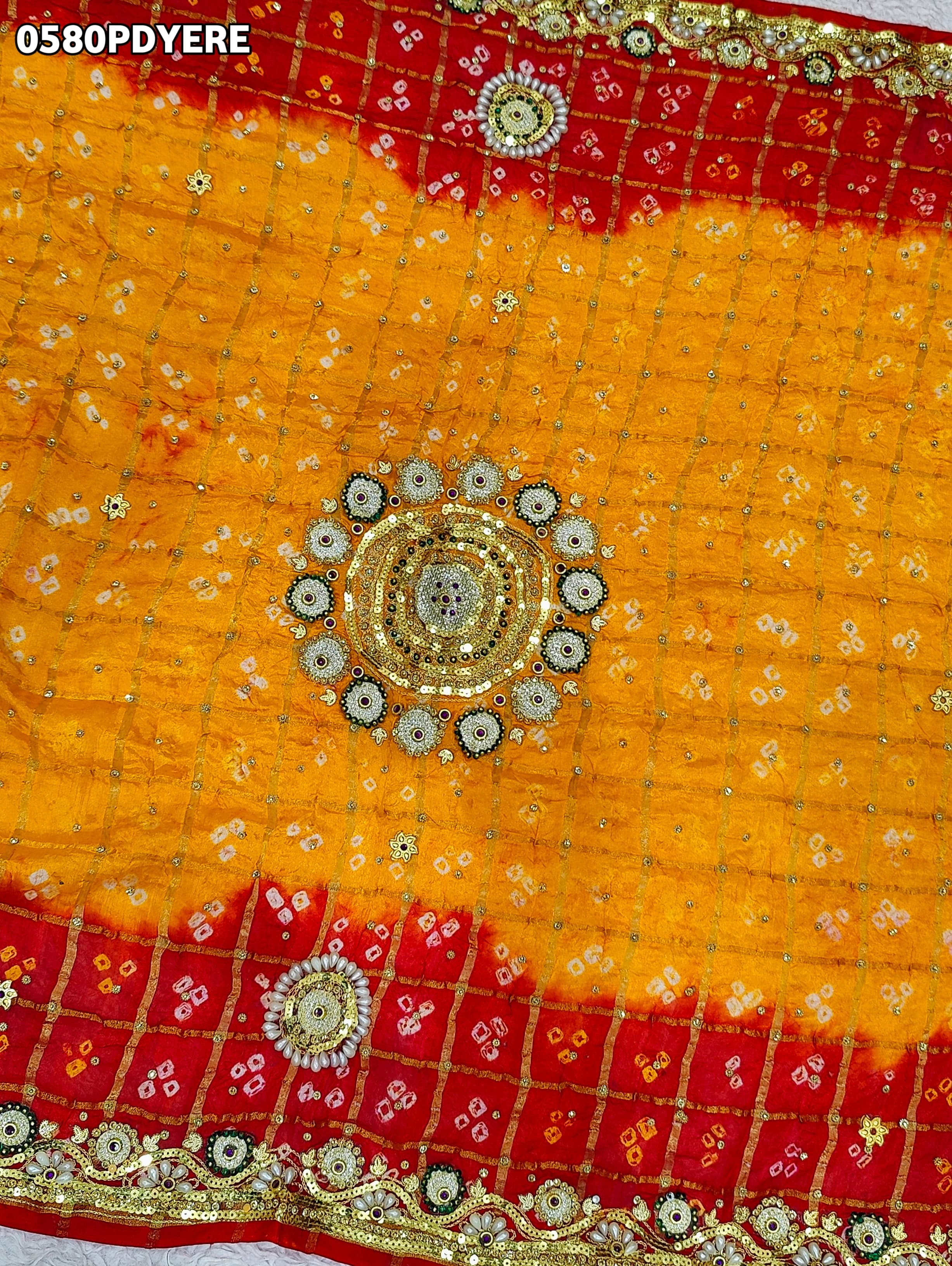 KcPc Art Silk Bandhani Style Pila Chunri with Stone Tari Handwork Traditional Wear