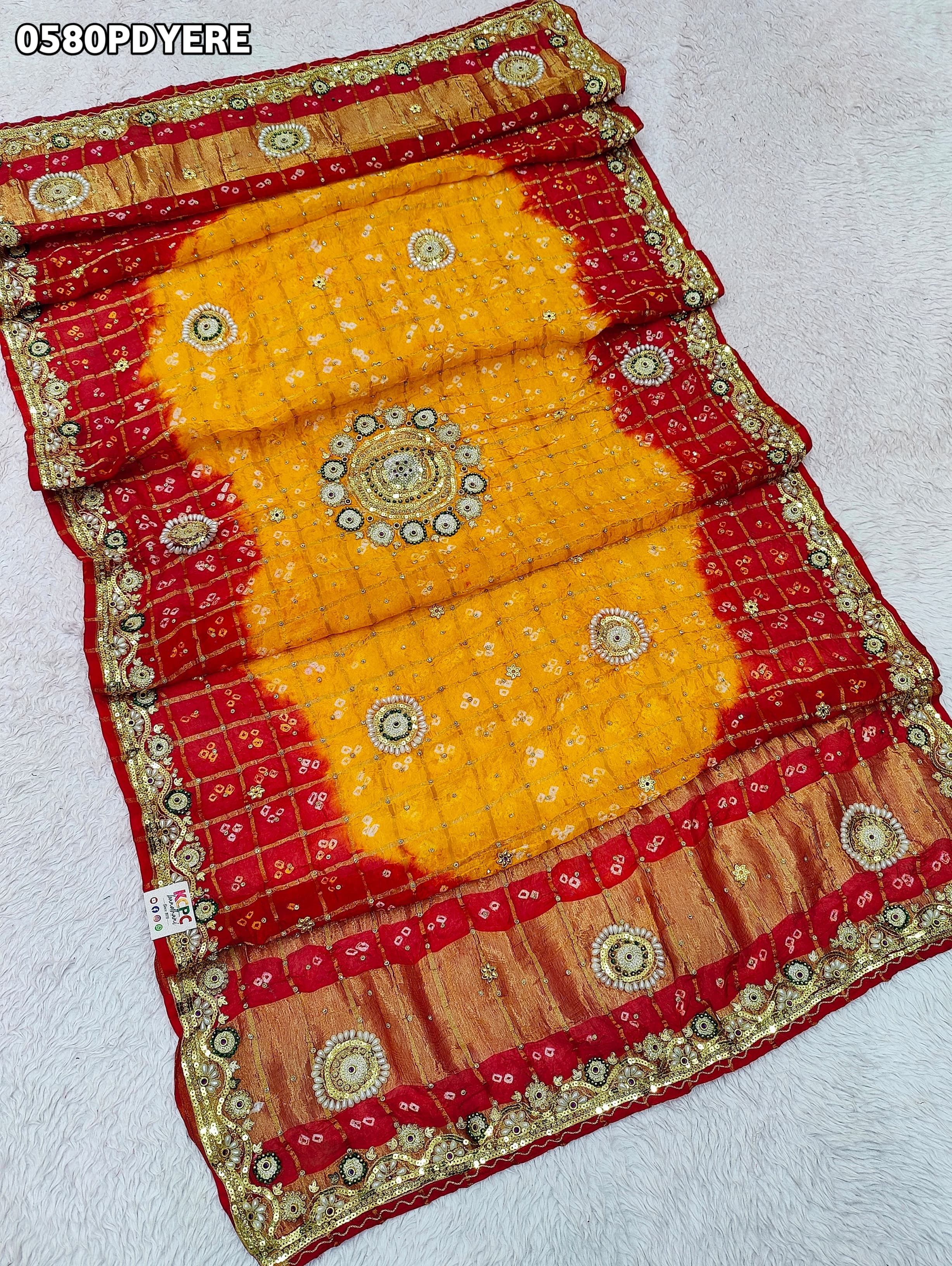 KcPc Art Silk Bandhani Style Pila Chunri with Stone Tari Handwork Traditional Wear