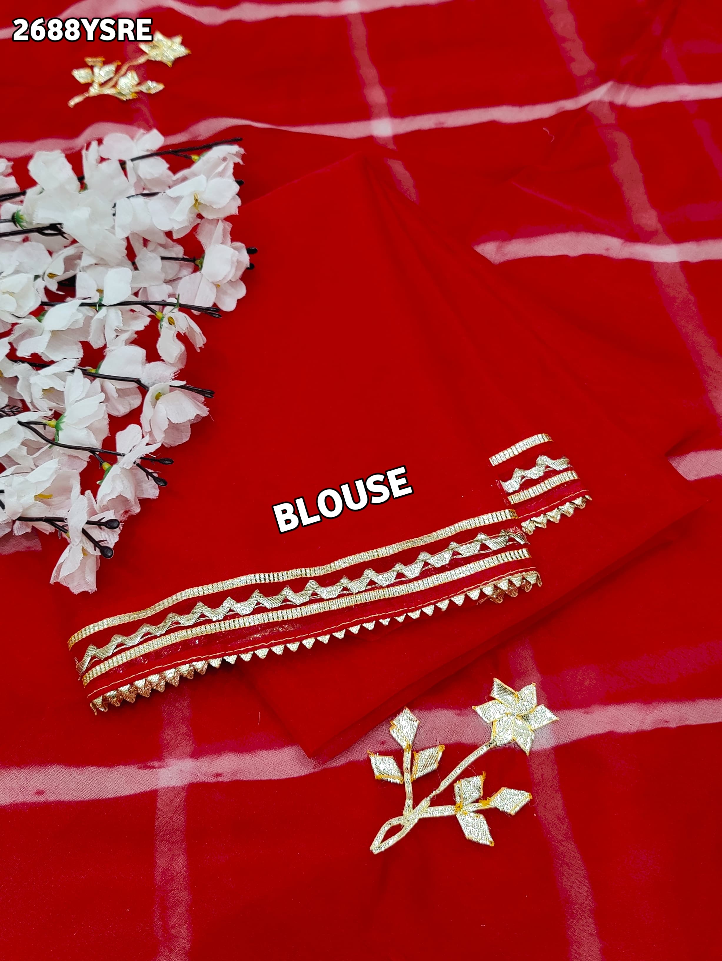 Red saree with gold patterns Organza Leheriya Style With Gotapatti Work