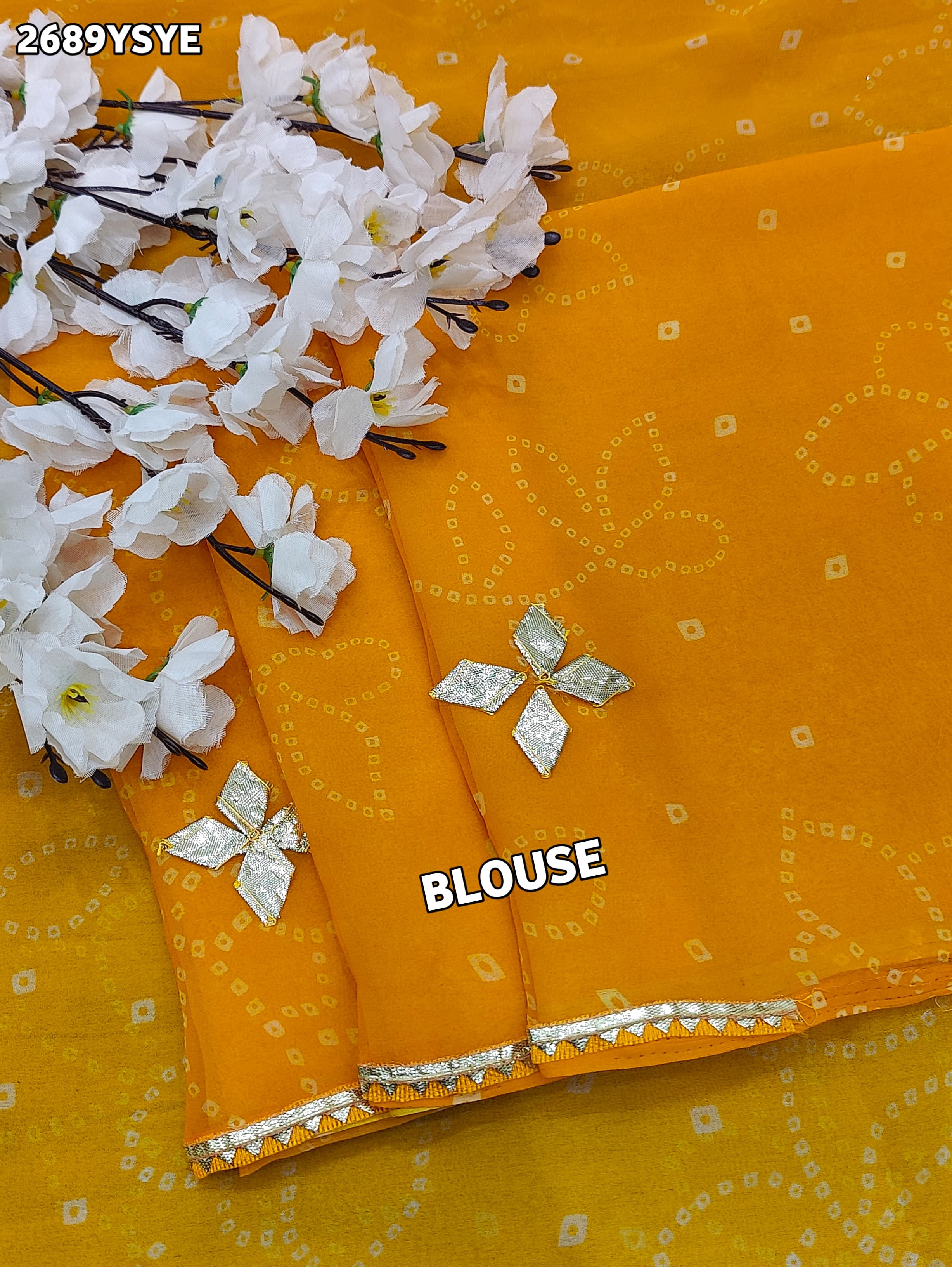Yellow saree with white patternsChiffon Bandhani Style With Gotapatti Work Saree