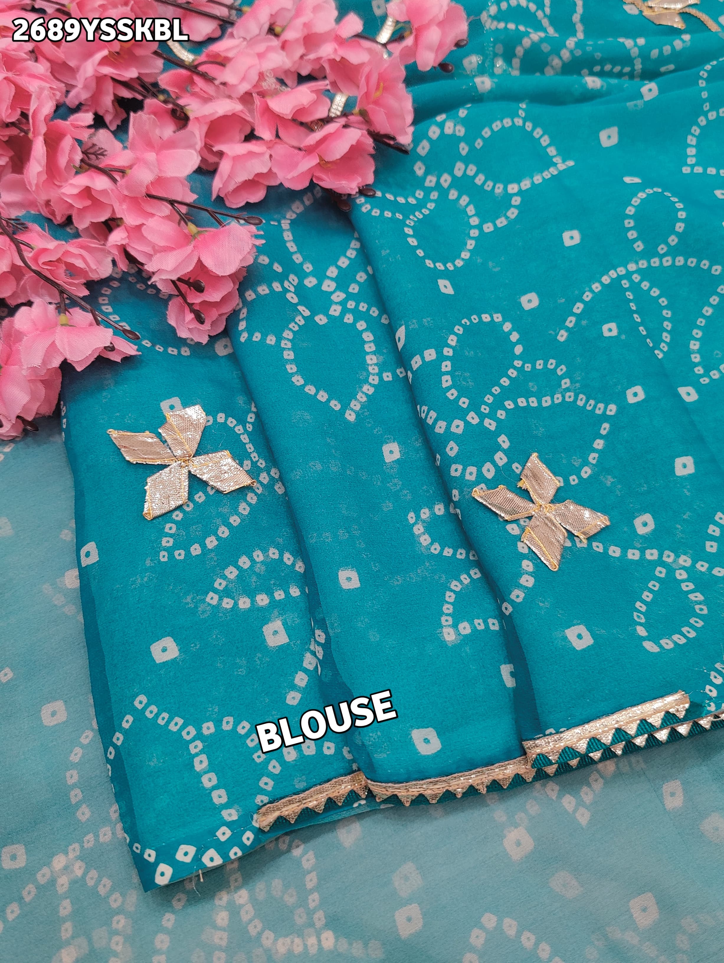 Blue saree with gold embroideryChiffon Bandhani Style With Gotapatti Work Saree