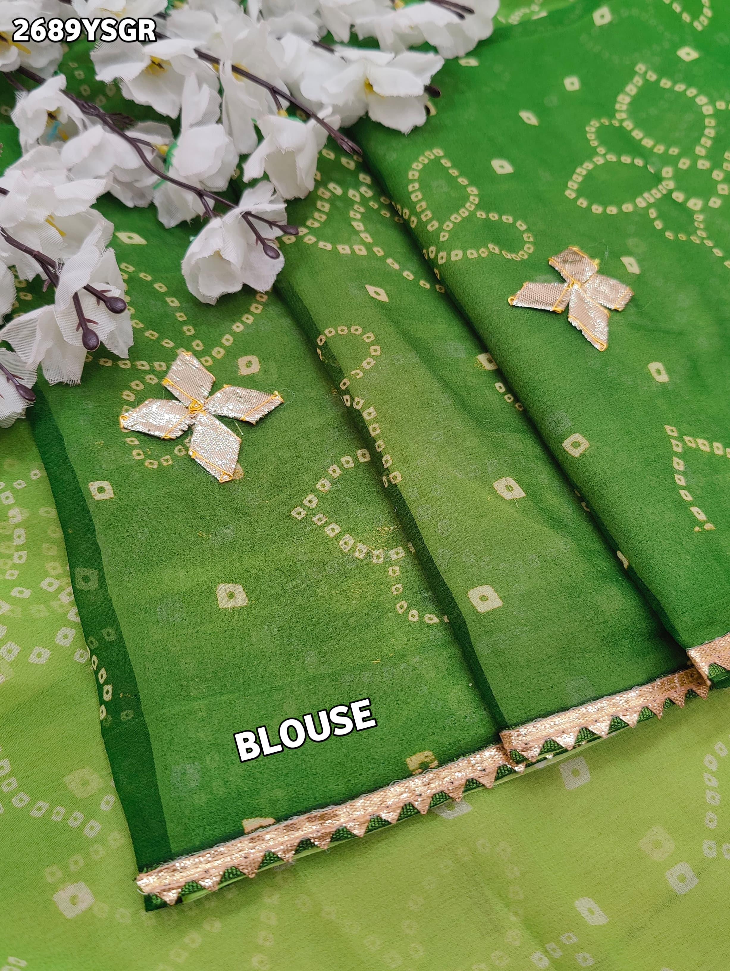 Chiffon Bandhani Style With Gotapatti Work Saree in green colour