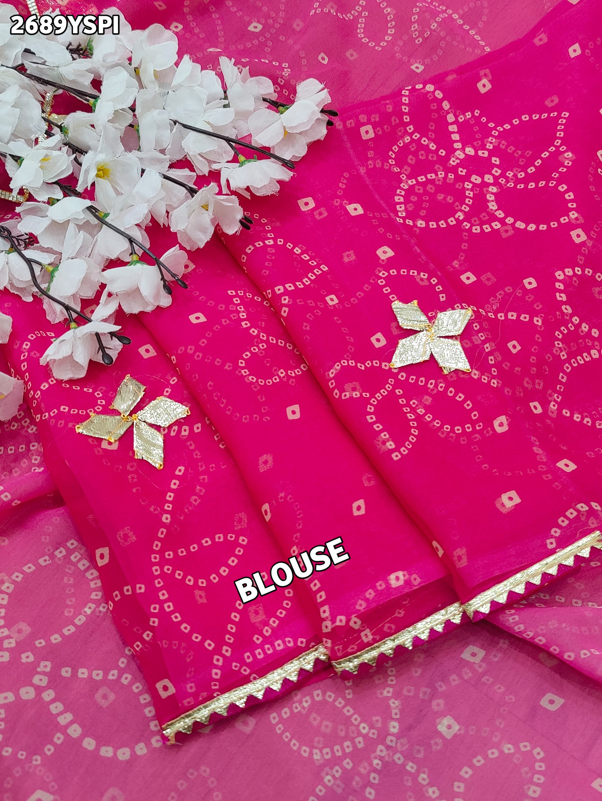 Pink saree with gold patterns Chiffon Bandhani Style With Gotapatti Work Saree