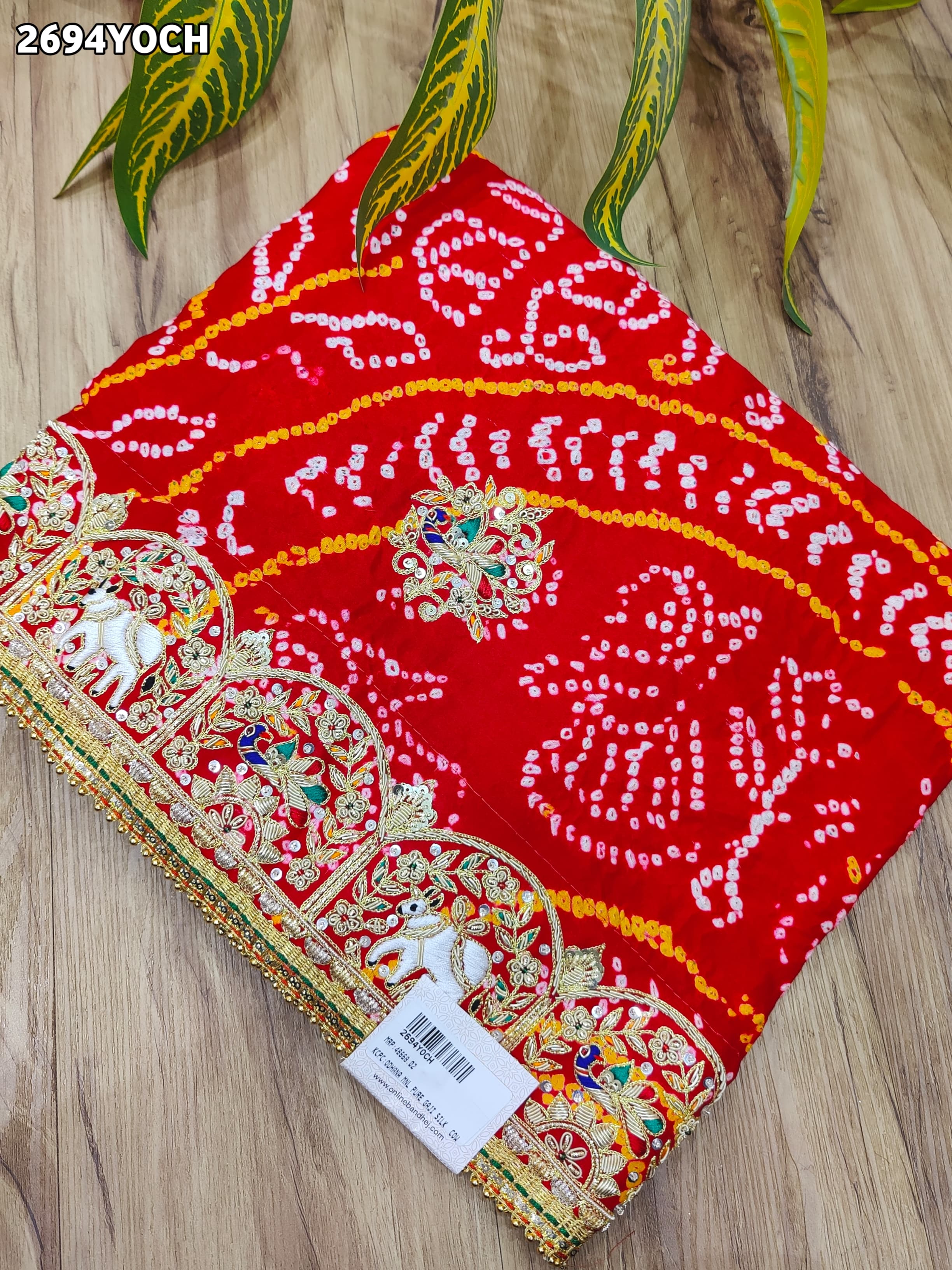 By New Gaji Silk Bandhani Style With Zardoji Work Odhna