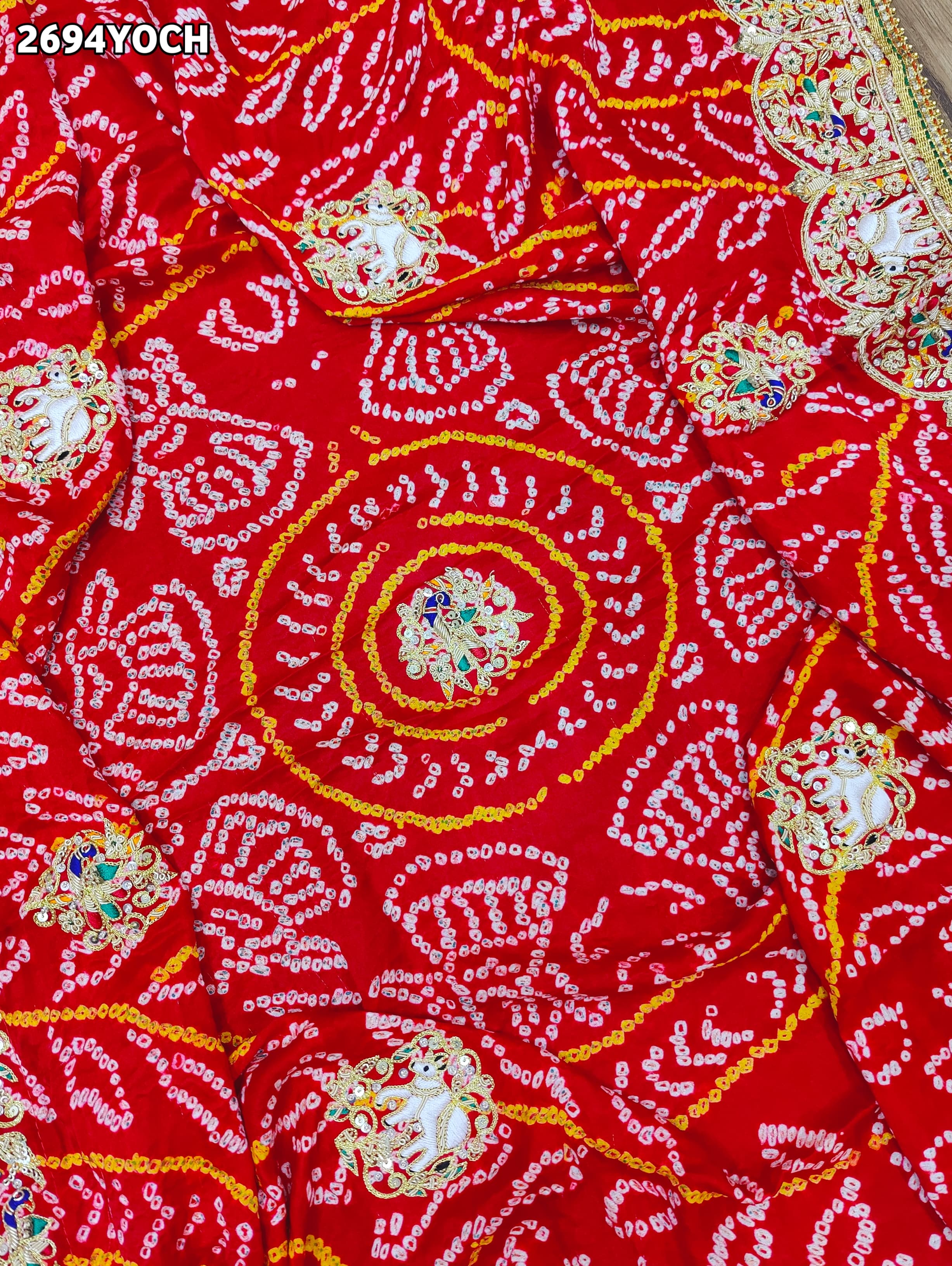 By New Gaji Silk Bandhani Style With Zardoji Work Odhna