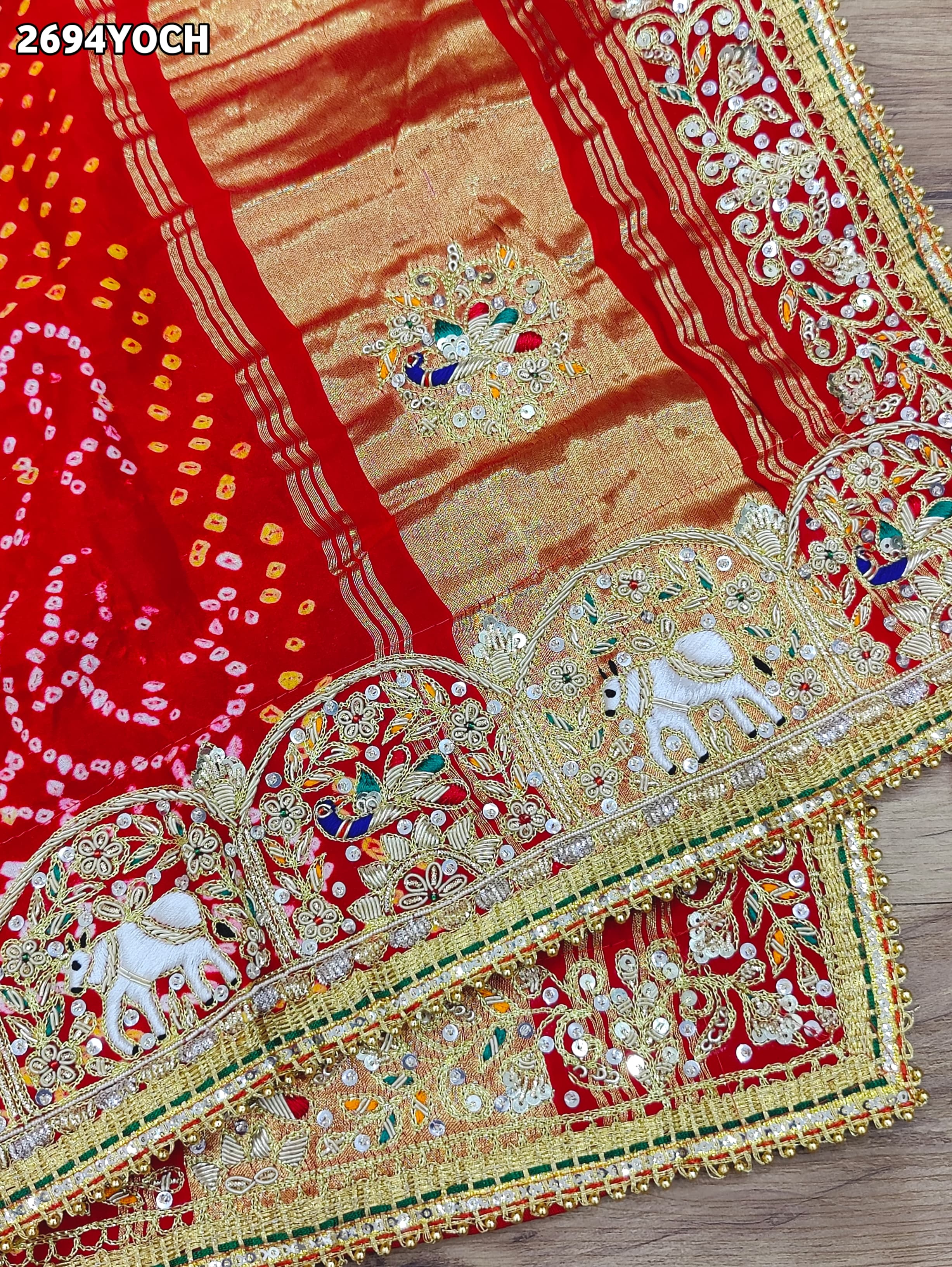 By New Gaji Silk Bandhani Style With Zardoji Work Odhna
