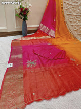 A orange and pink colour saree with floral zardozi work and Banarasi style
