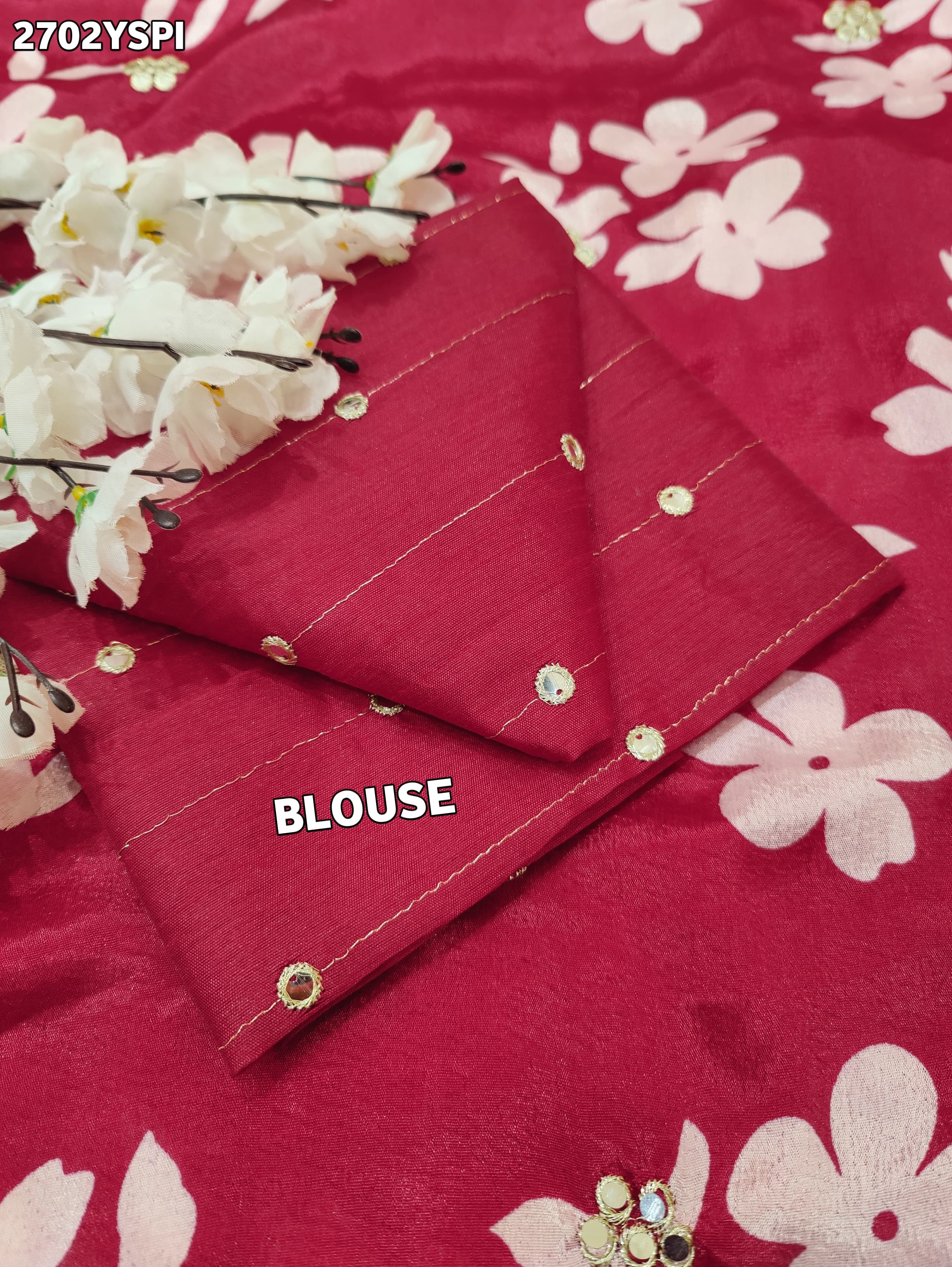 A pink floral saree with white pattern Printed Crepe Silk with Embroidered Mirror Work