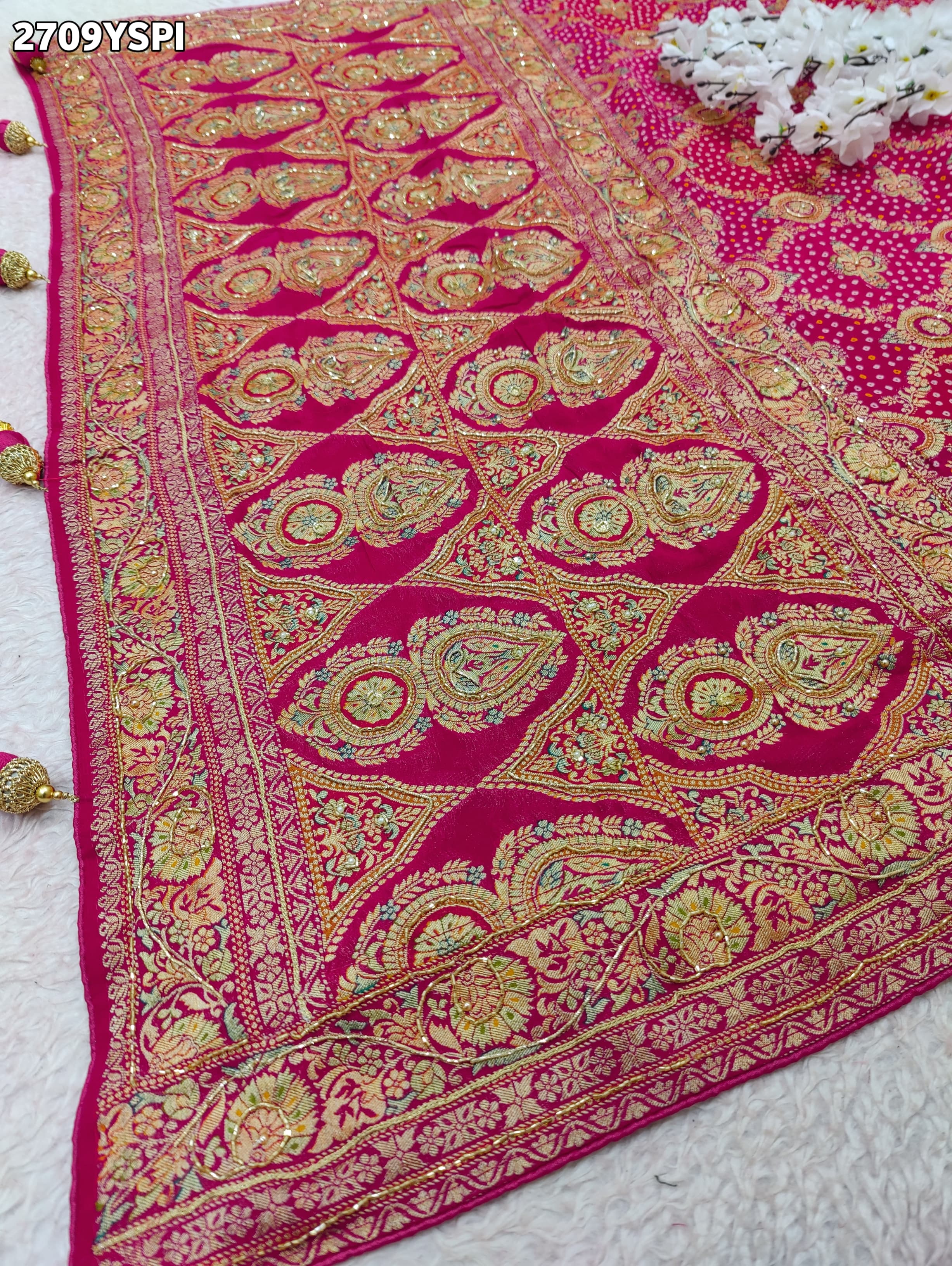 Pink and gold embroideredGeorgette Traditional Style With Cutdana Work Saree