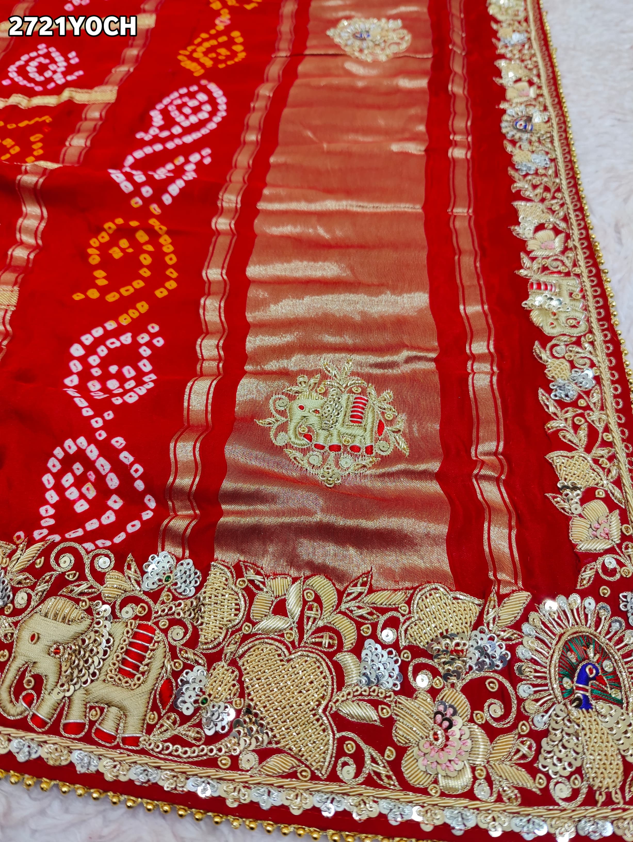 By New Gaji silk Bandhani Style With Zardoji Work Odhna