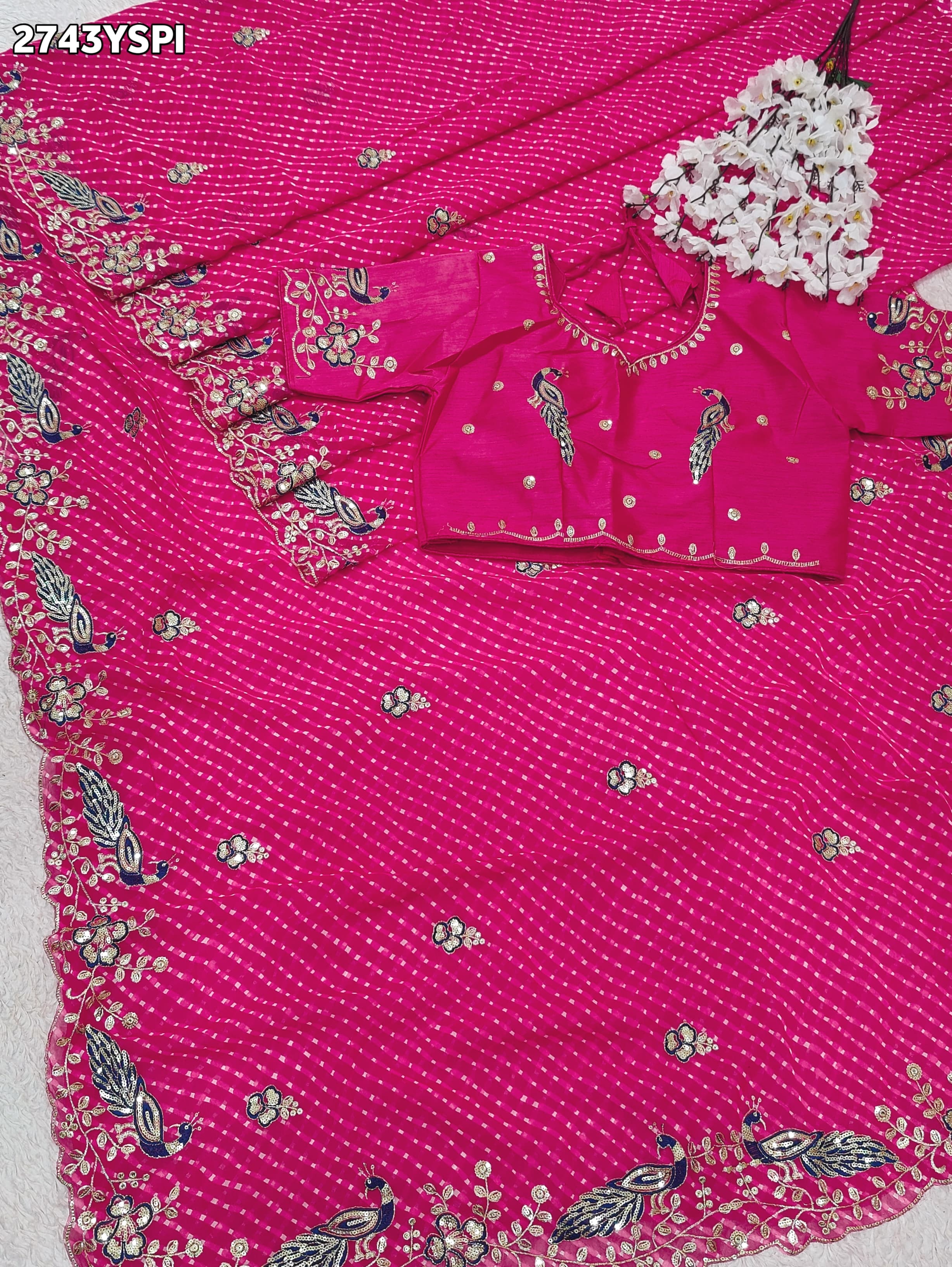 By Leheriya Style With Embroidery Tari Work Saree