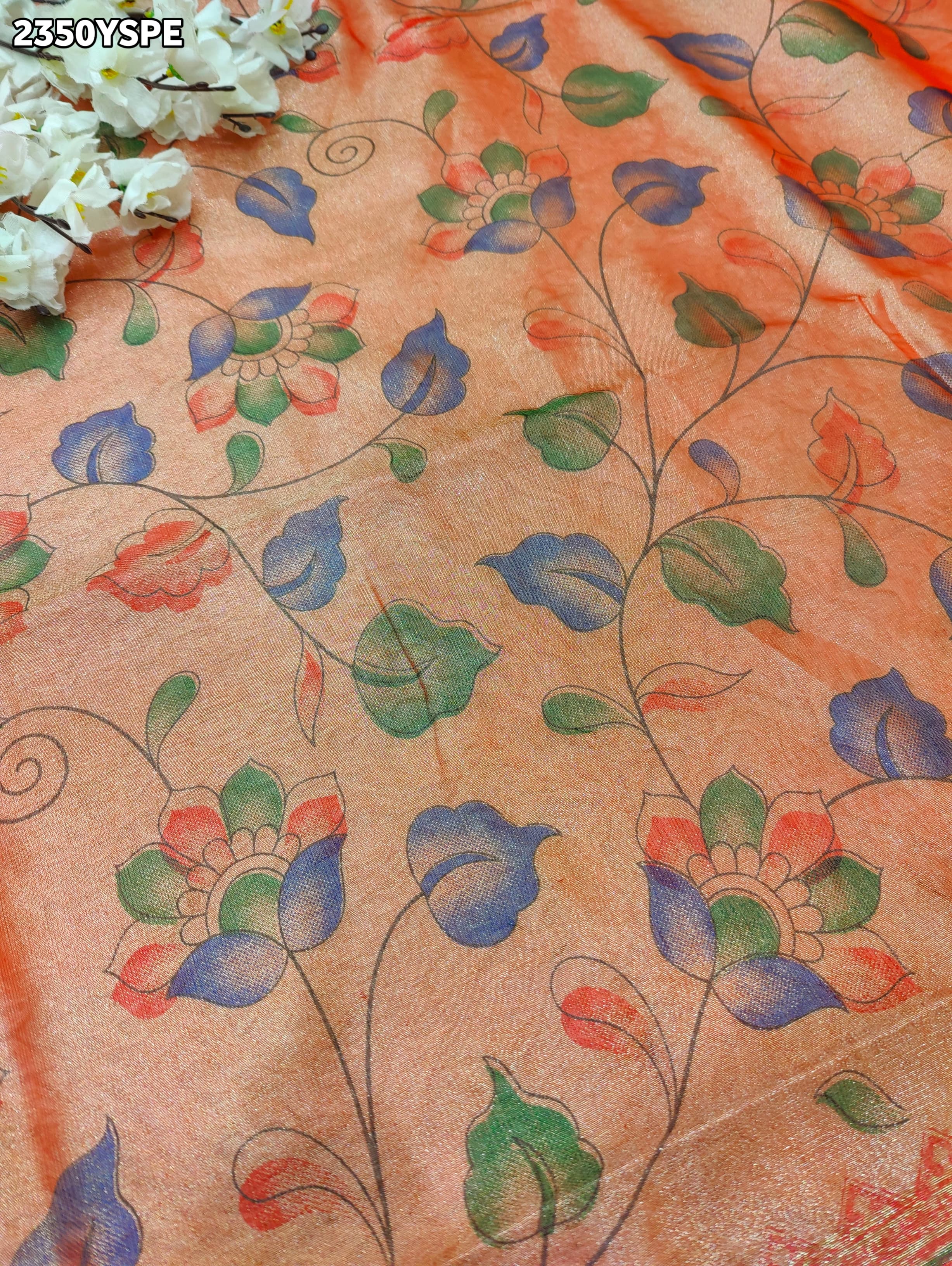 Saree with floral patternsCotton Silk Printed With Zari border Saree