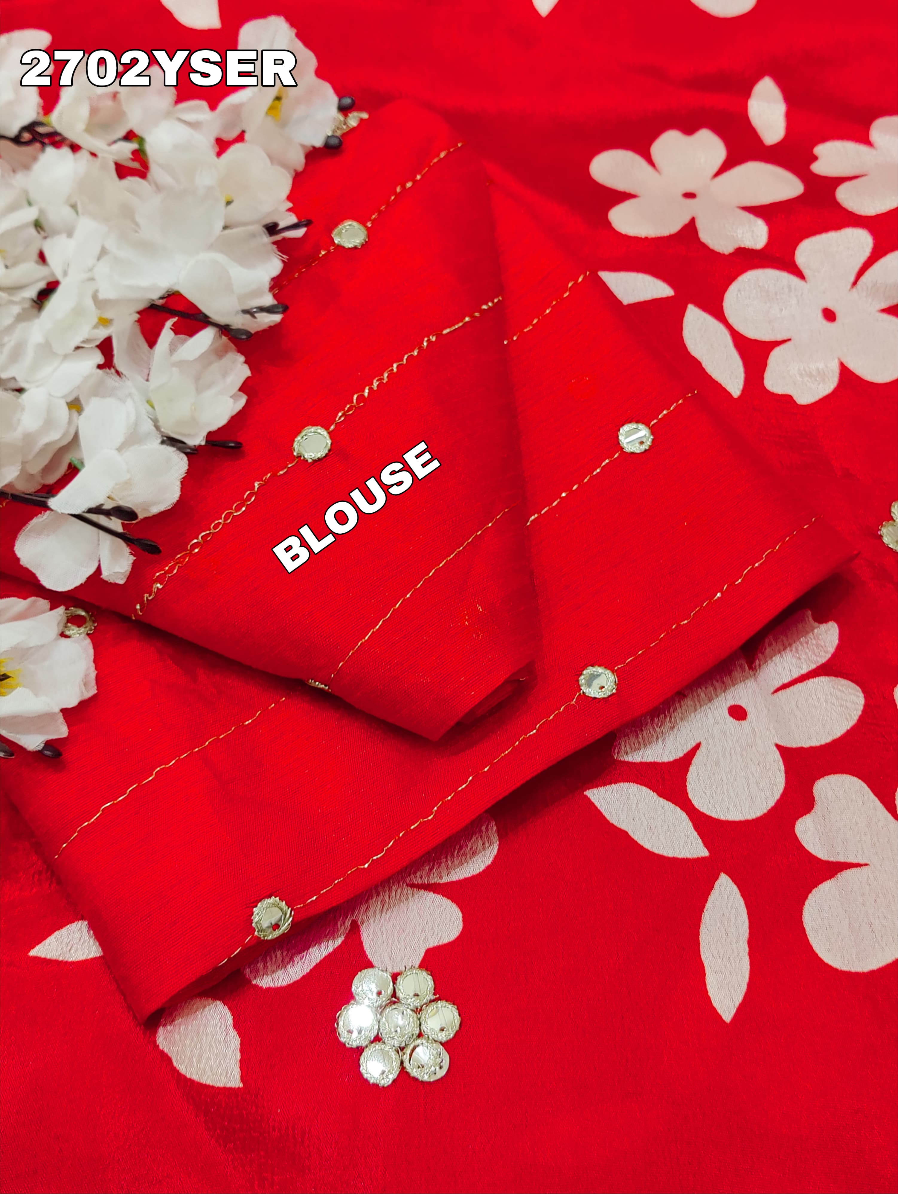 A red saree with white pattern Printed Crepe Silk with Embroidered Mirror Work