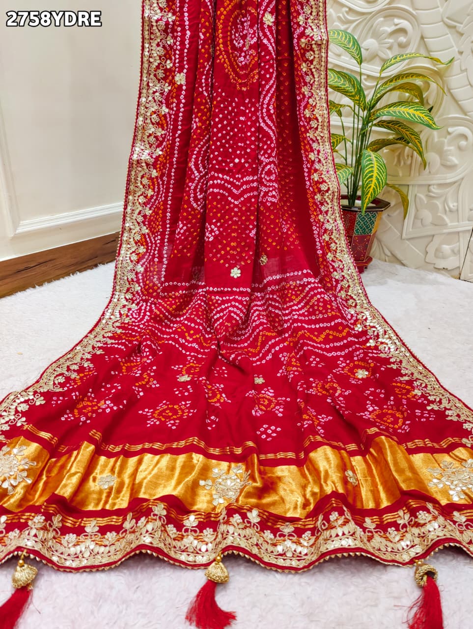 KcPc New Traditional Gaji Silk Bandhani Dupatta with Gota Patti Embellishment AMT