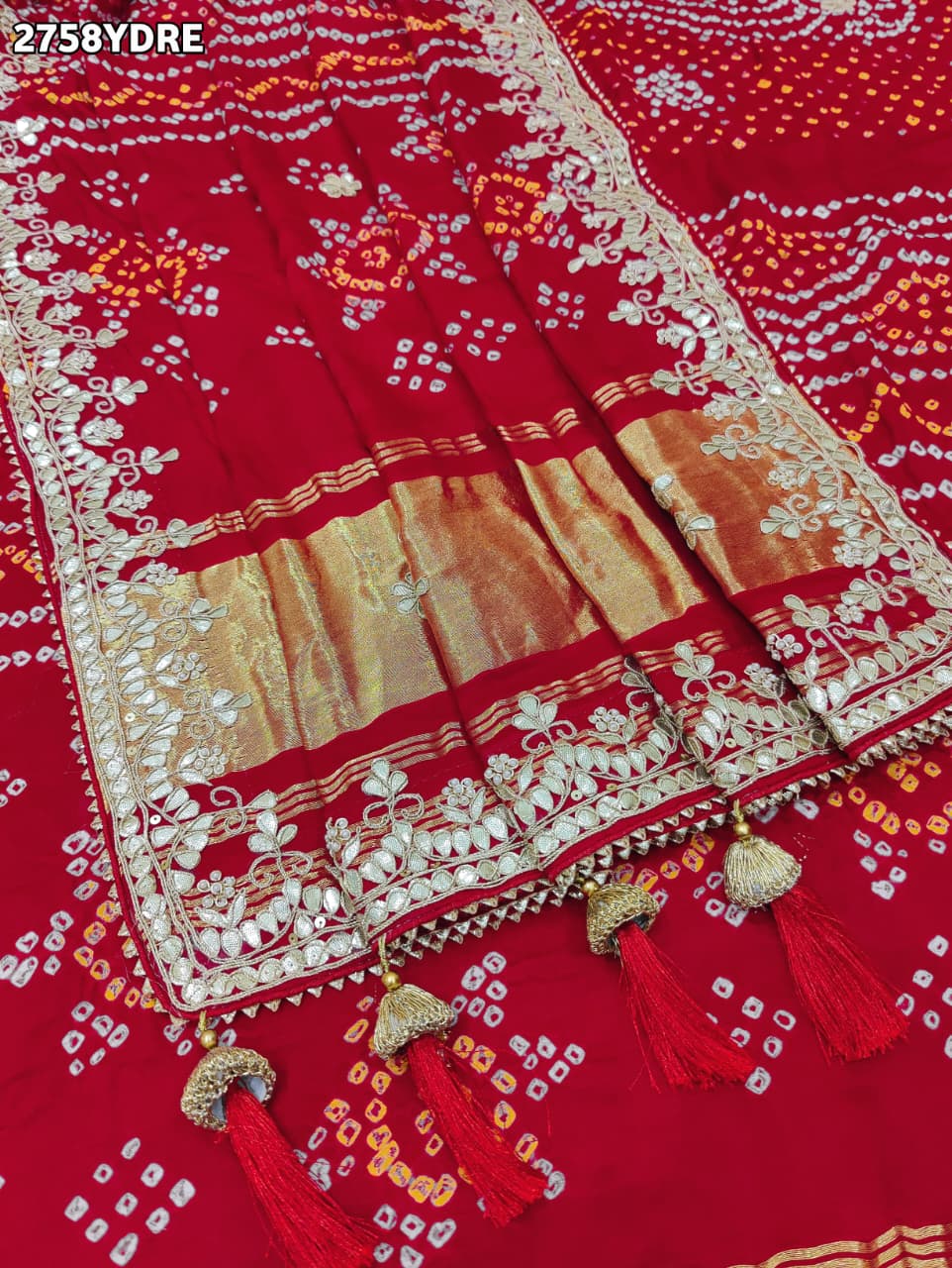 KcPc New Traditional Gaji Silk Bandhani Dupatta with Gota Patti Embellishment AMT