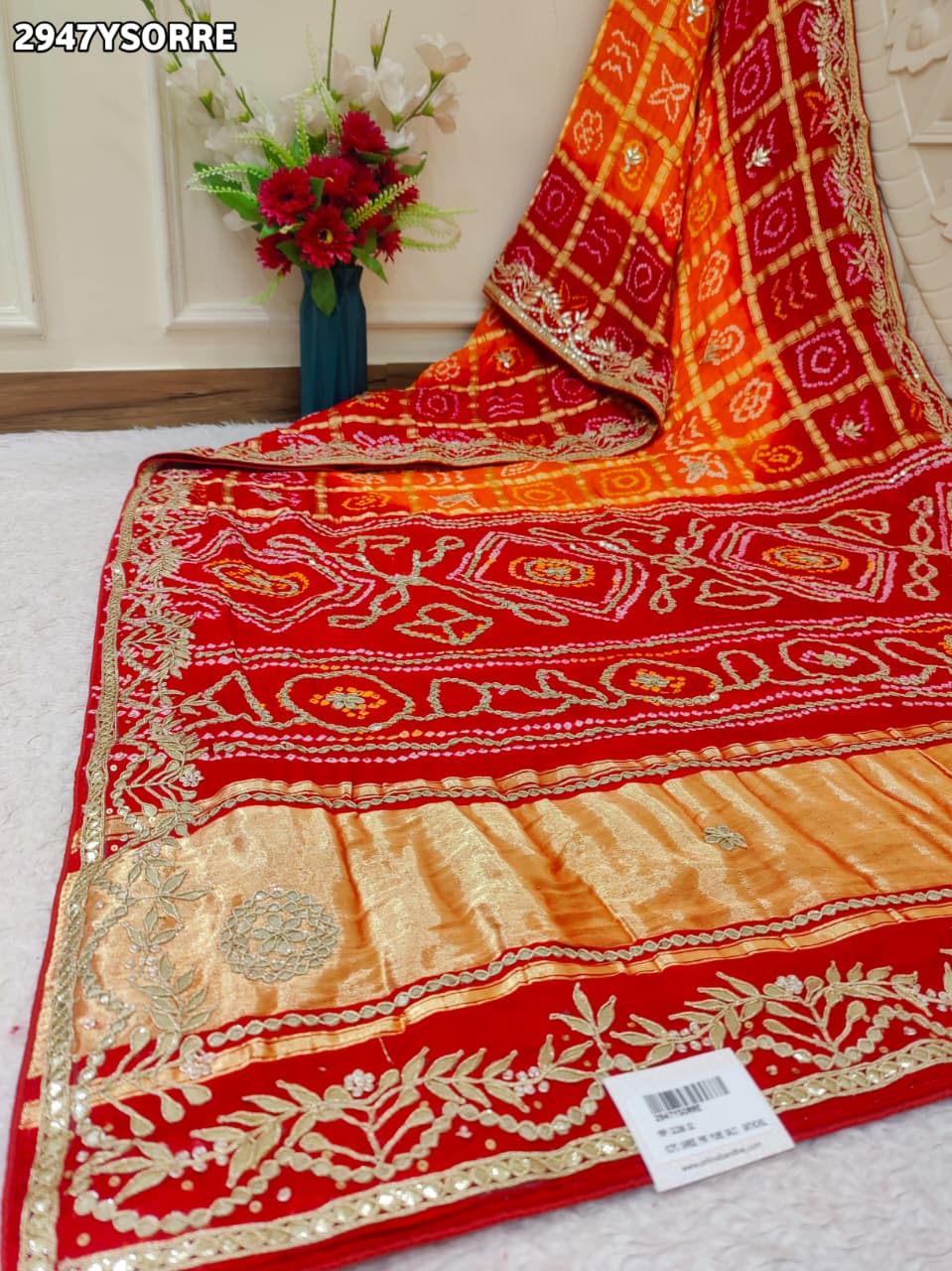 By Bandhani Saree With Gota Patti Work