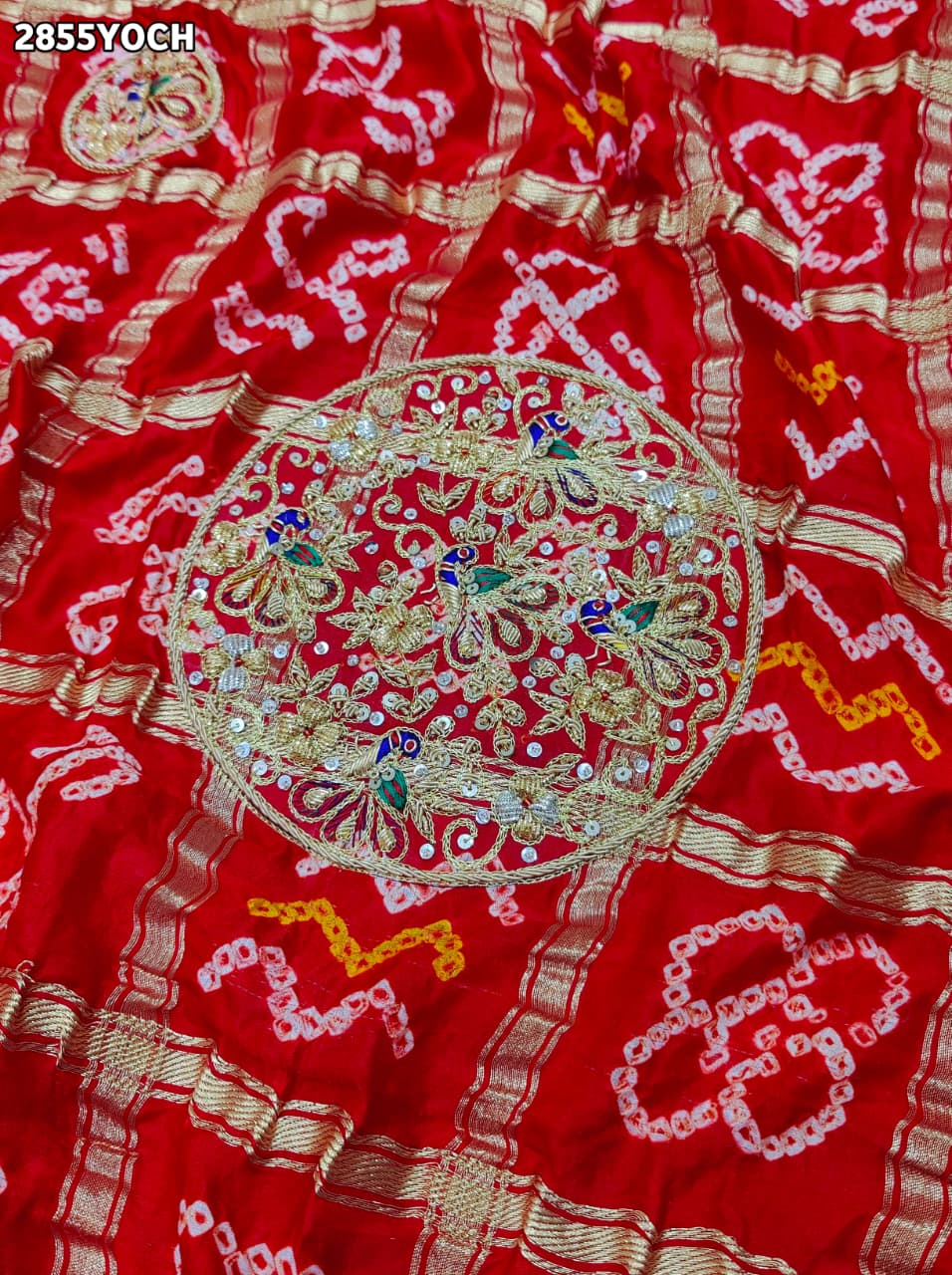 By New Traditional Gaji Silk Bandhani Pila Chunri with Zardozi Work