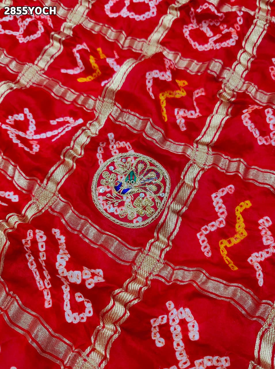 By New Traditional Gaji Silk Bandhani Pila Chunri with Zardozi Work