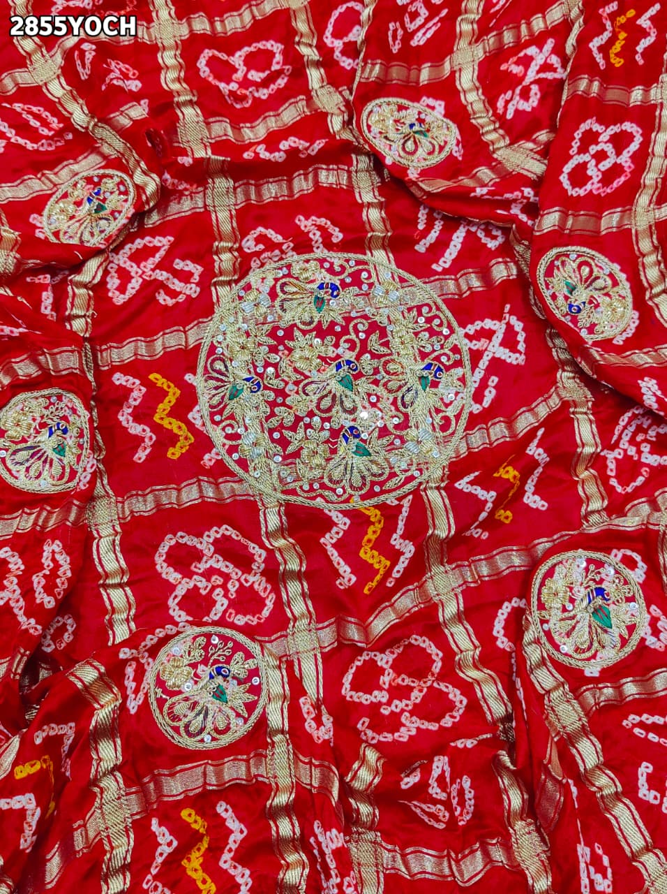 By New Traditional Gaji Silk Bandhani Pila Chunri with Zardozi Work