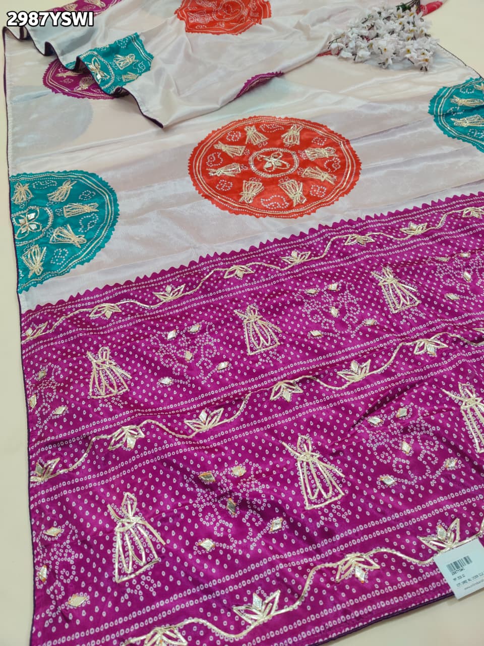 By Bandhani Saree With Gota Patti Border