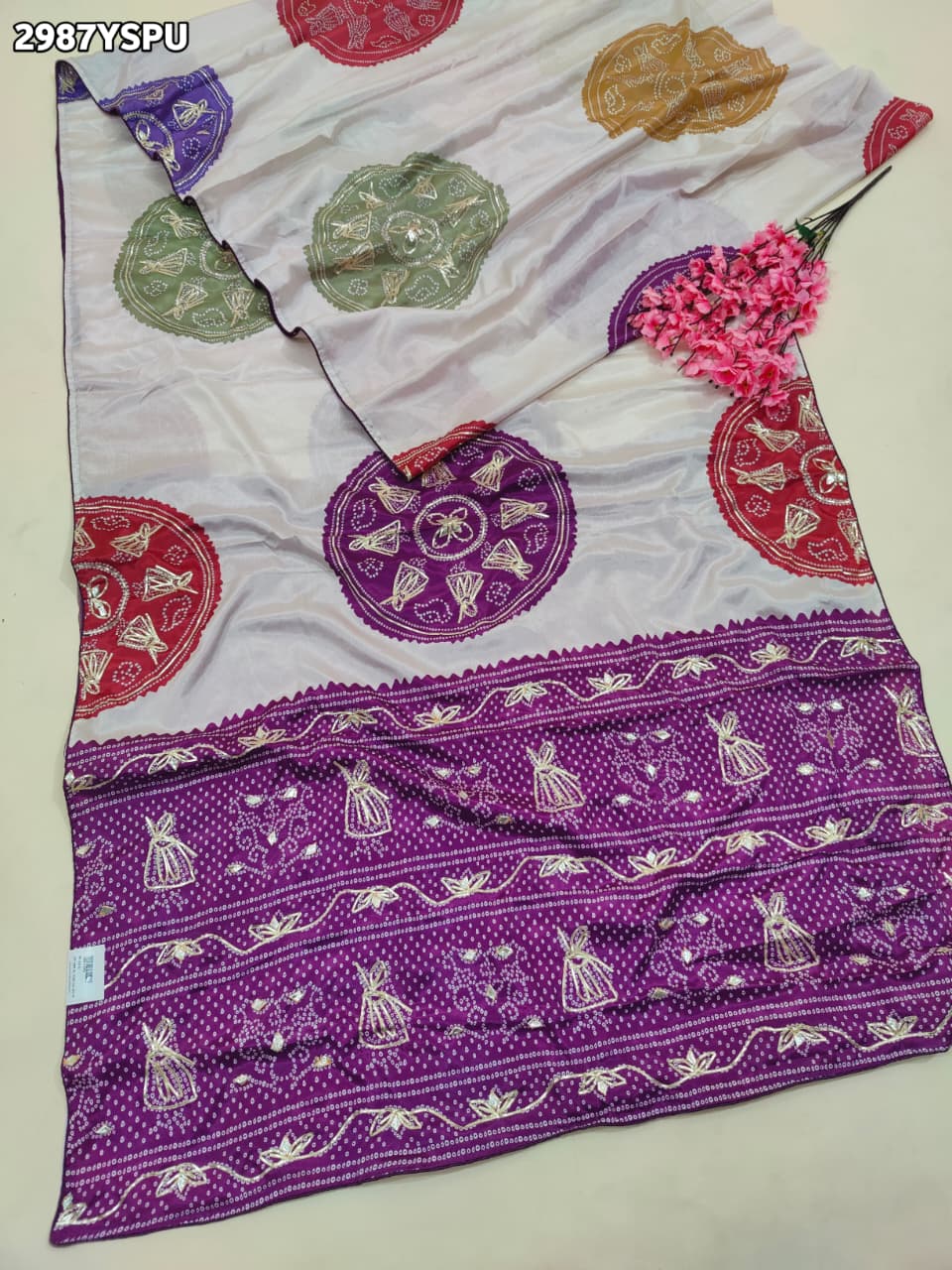 By Bandhani Saree With Gota Patti Border