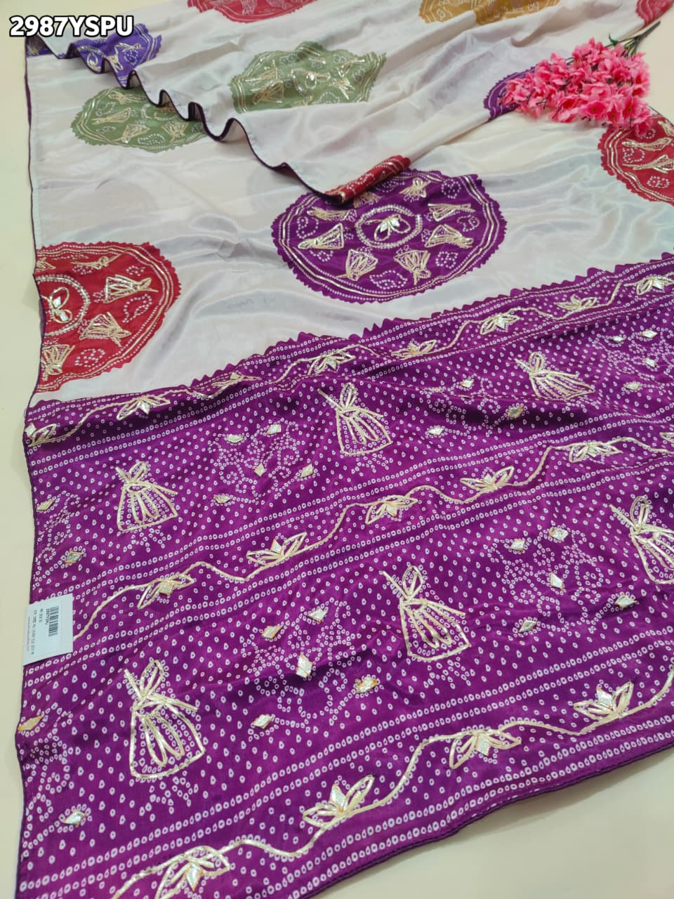 By Bandhani Saree With Gota Patti Border