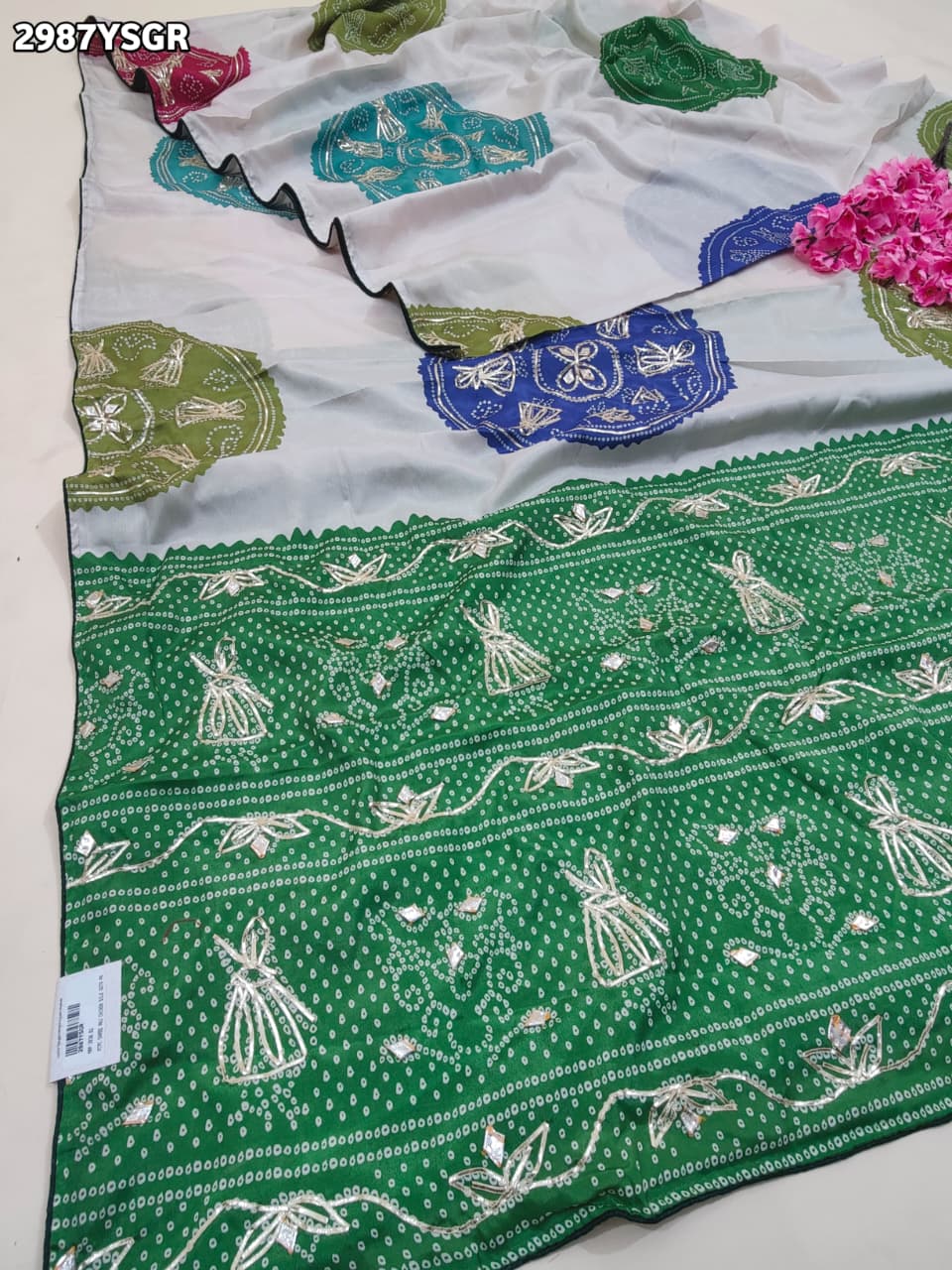 By Bandhani Saree With Gota Patti Border