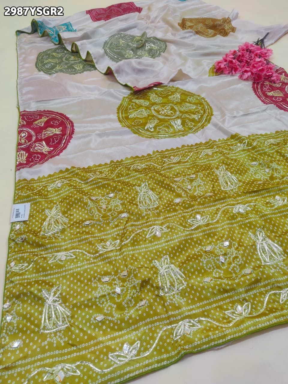 By Bandhani Saree With Gota Patti Border