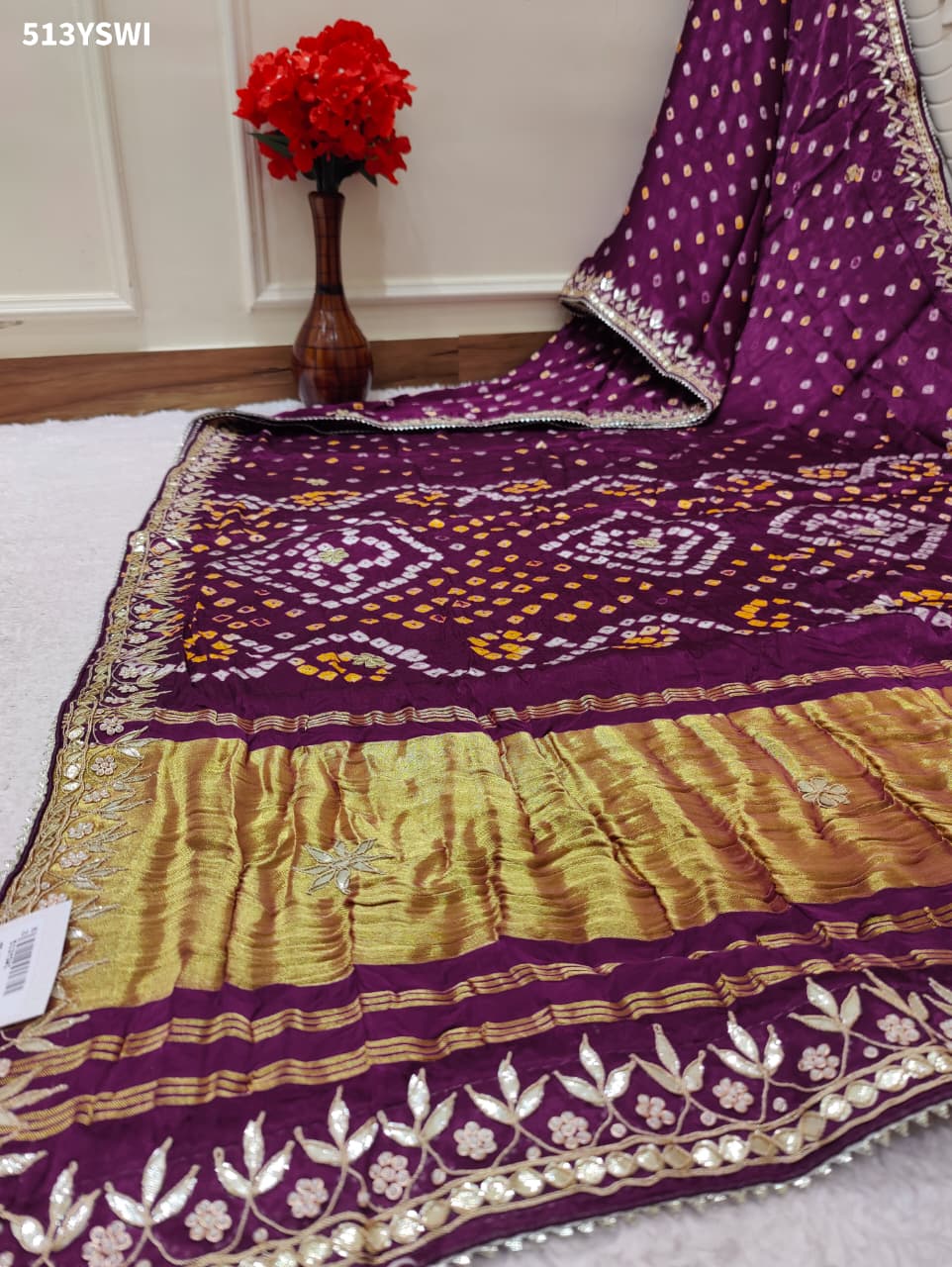 Gaji Silk Bandhej Gotapatti Work Saree for wedding and festival