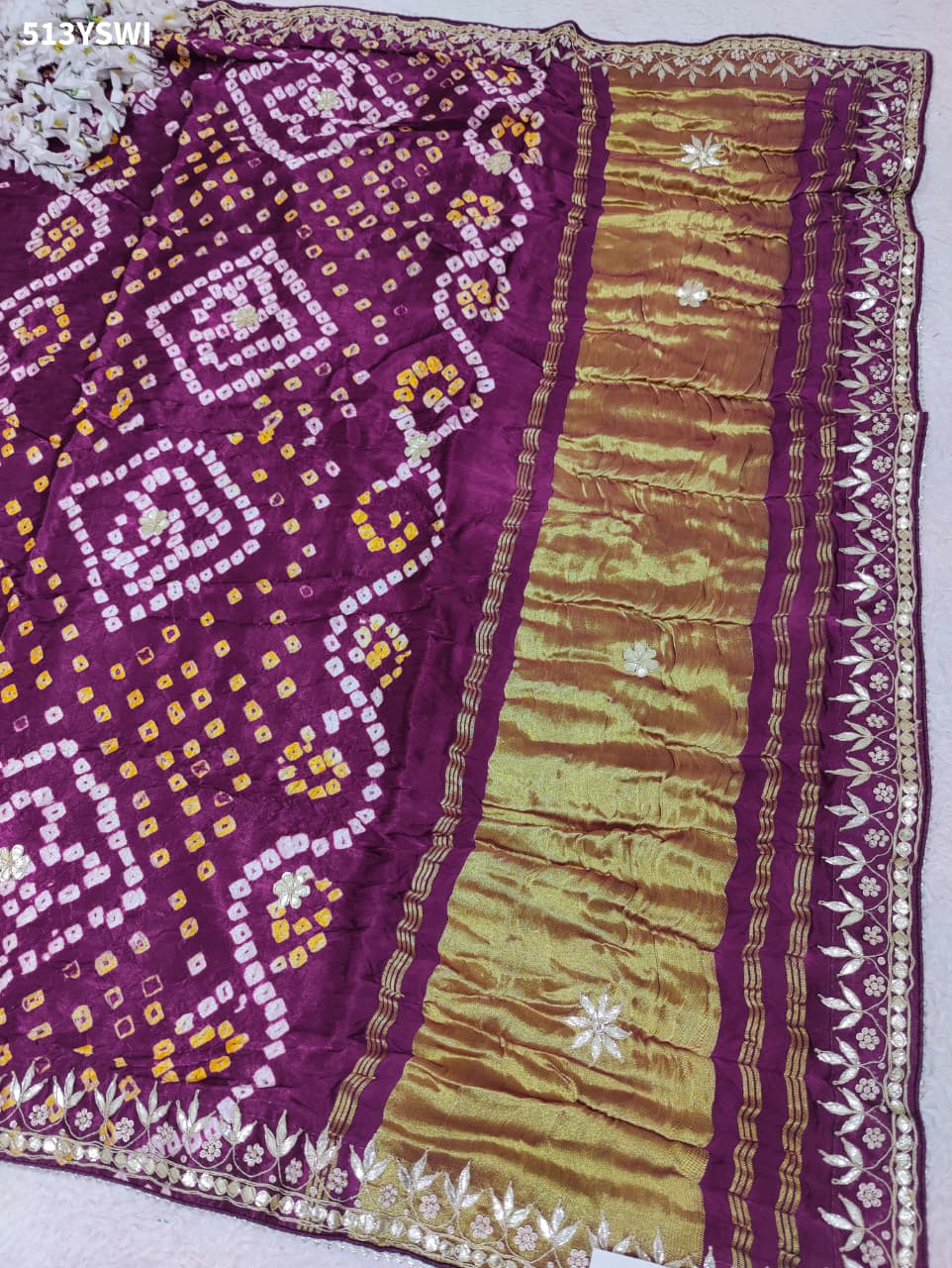 Gaji Silk Bandhej Gotapatti Work Saree for wedding and festival