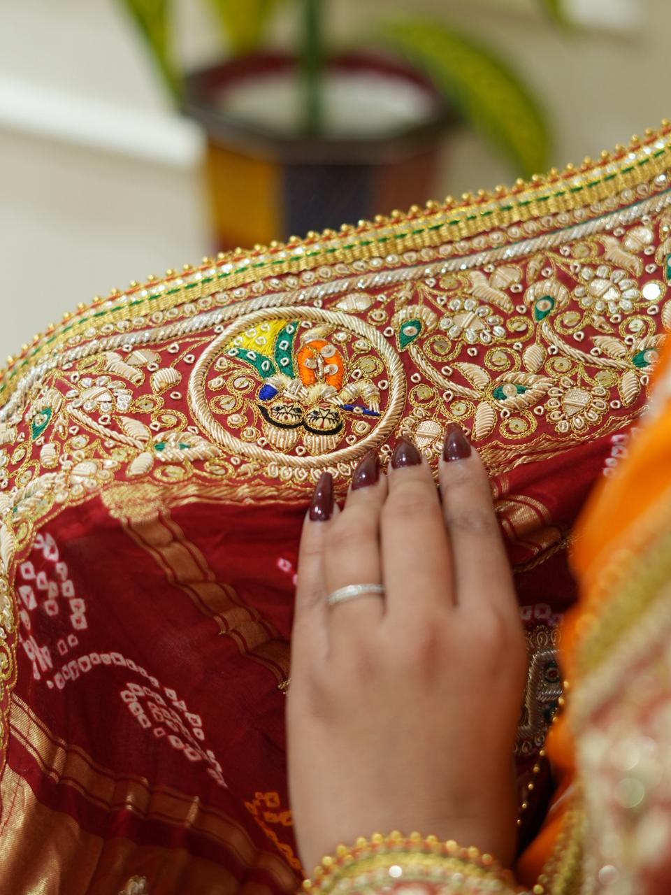 By Traditional Pila Chunri in Gaji Silk Bandhani Style with Zardozi Work