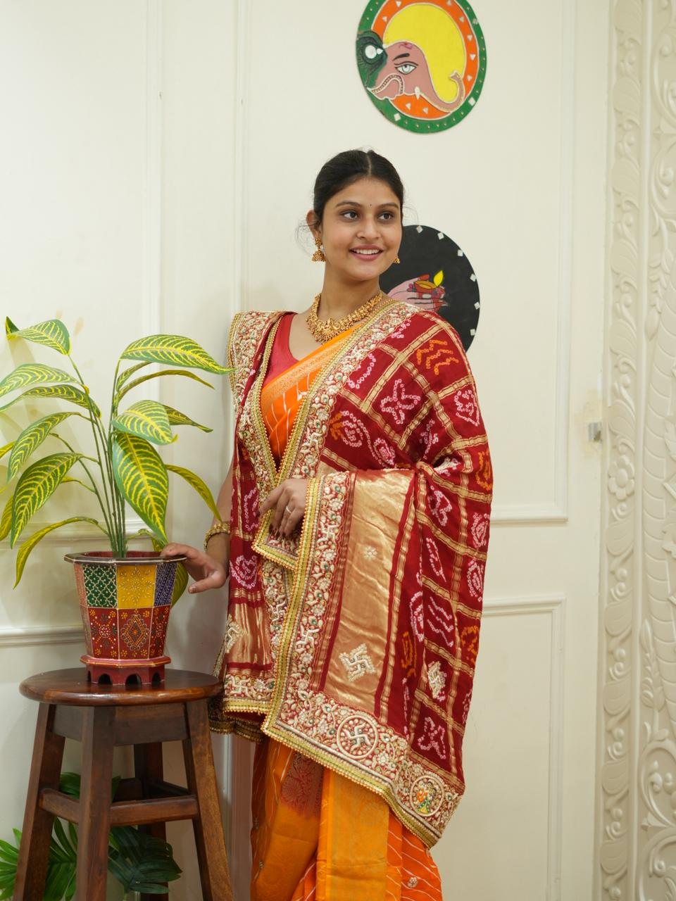 By Traditional Pila Chunri in Gaji Silk Bandhani Style with Zardozi Work