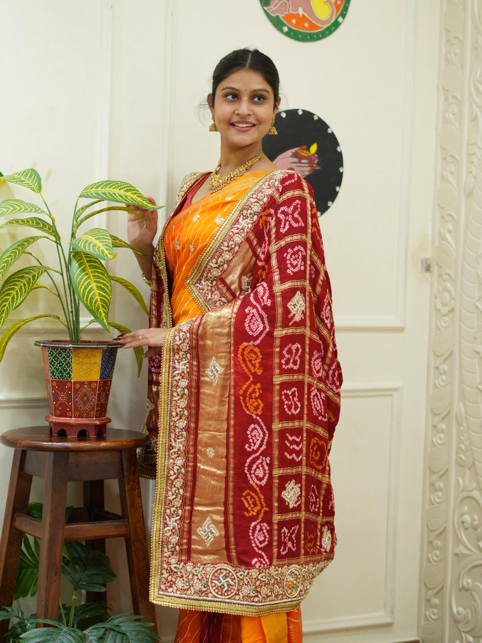 By Traditional Pila Chunri in Gaji Silk Bandhani Style with Zardozi Work