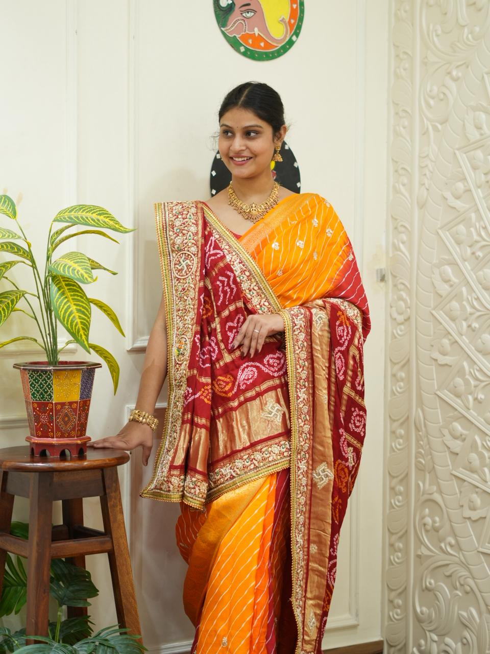 By Traditional Pila Chunri in Gaji Silk Bandhani Style with Zardozi Work