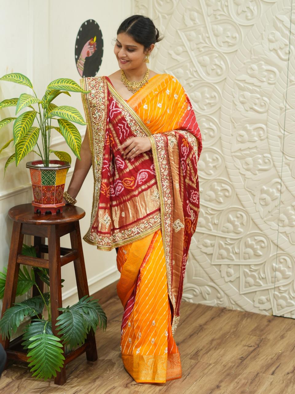 By Traditional Pila Chunri in Gaji Silk Bandhani Style with Zardozi Work