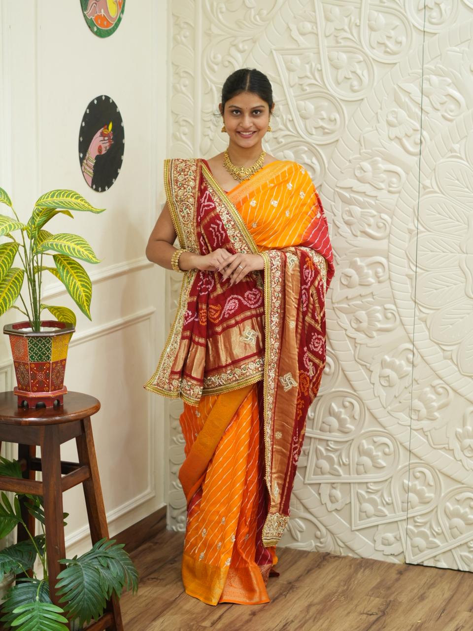 By Traditional Pila Chunri in Gaji Silk Bandhani Style with Zardozi Work