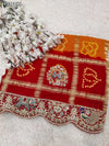 KcPc Special Pure Gaji Silk Bandhani Zardoji Ghatchola Chunri Pila Odhna (Red Orange)