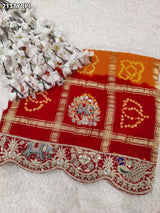 KcPc Special Pure Gaji Silk Bandhani Zardoji Ghatchola Chunri Pila Odhna (Red Orange)