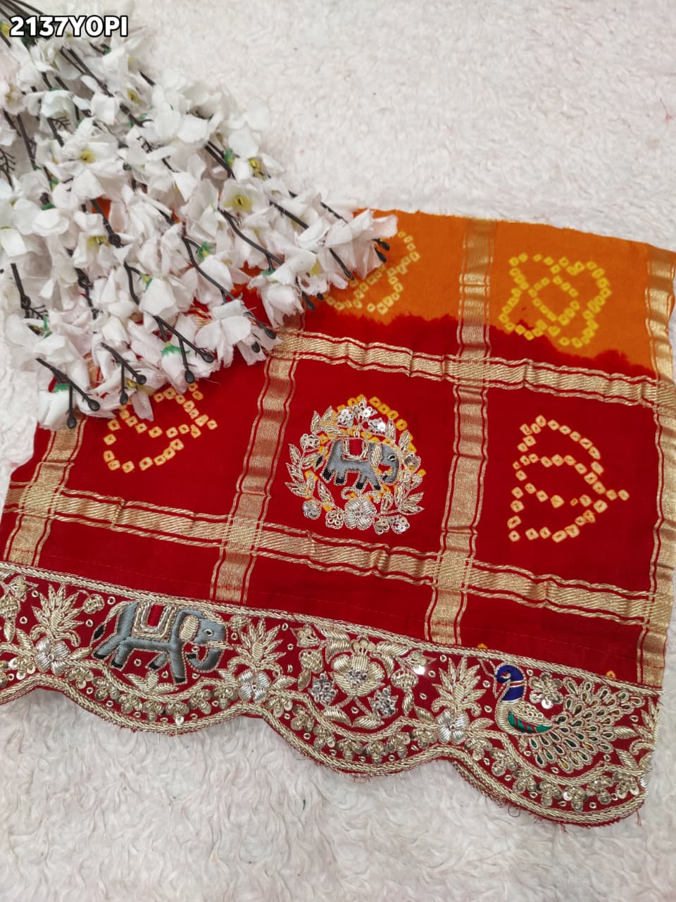 KcPc Special Pure Gaji Silk Bandhani Zardoji Ghatchola Chunri Pila Odhna (Red Orange)
