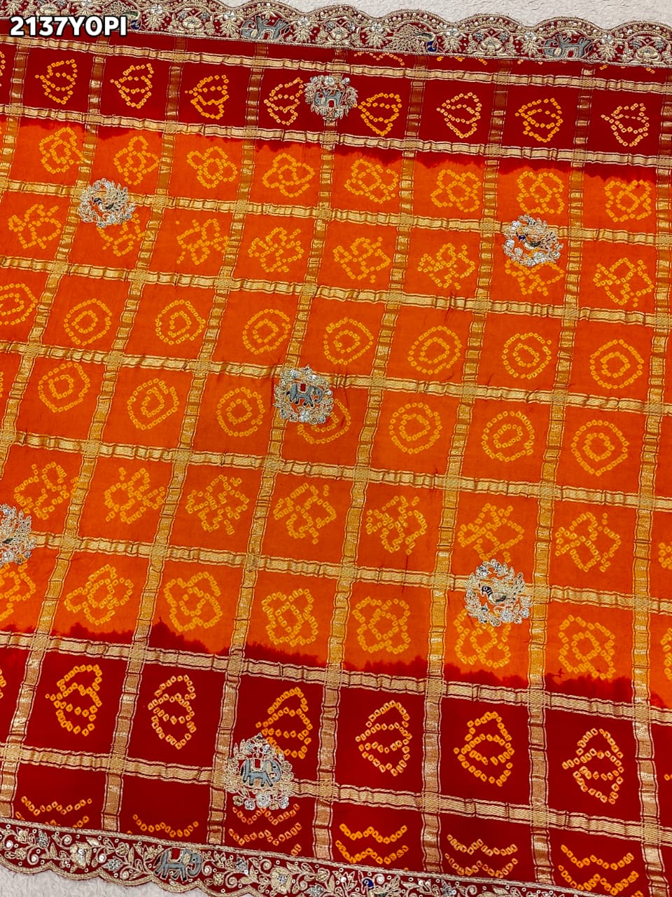 KcPc Special Pure Gaji Silk Bandhani Zardoji Ghatchola Chunri Pila Odhna (Red Orange)