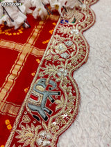 KcPc Special Pure Gaji Silk Bandhani Zardoji Ghatchola Chunri Pila Odhna (Red Orange)