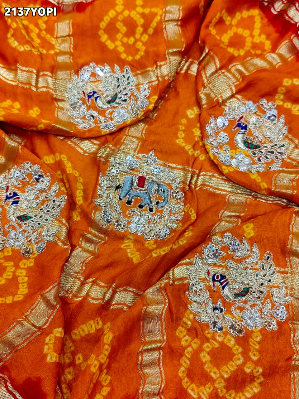 KcPc Special Pure Gaji Silk Bandhani Zardoji Ghatchola Chunri Pila Odhna (Red Orange)