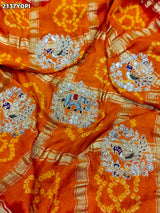 KcPc Special Pure Gaji Silk Bandhani Zardoji Ghatchola Chunri Pila Odhna (Red Orange)