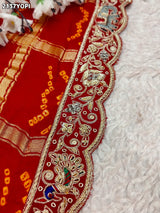 KcPc Special Pure Gaji Silk Bandhani Zardoji Ghatchola Chunri Pila Odhna (Red Orange)