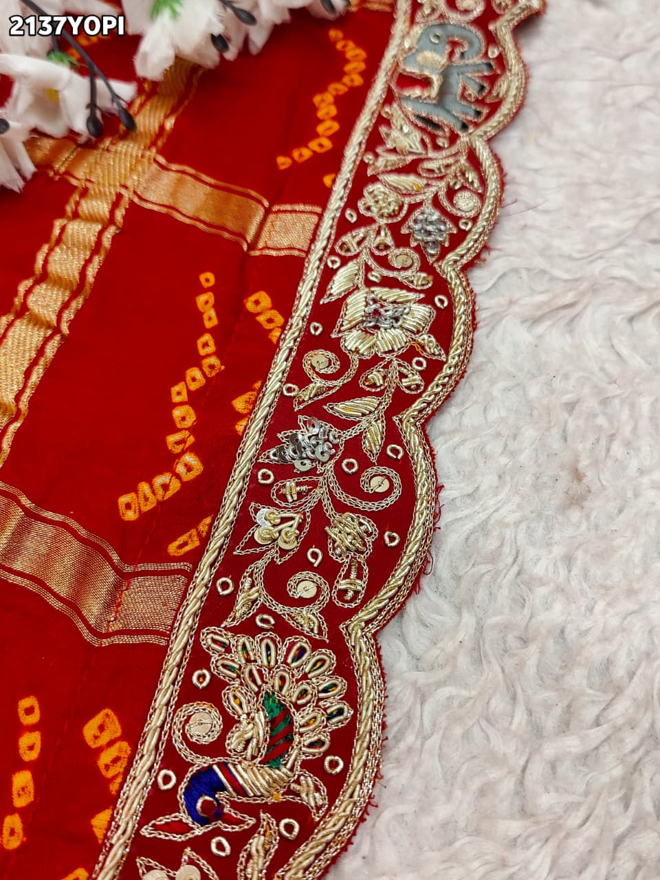 KcPc Special Pure Gaji Silk Bandhani Zardoji Ghatchola Chunri Pila Odhna (Red Orange)