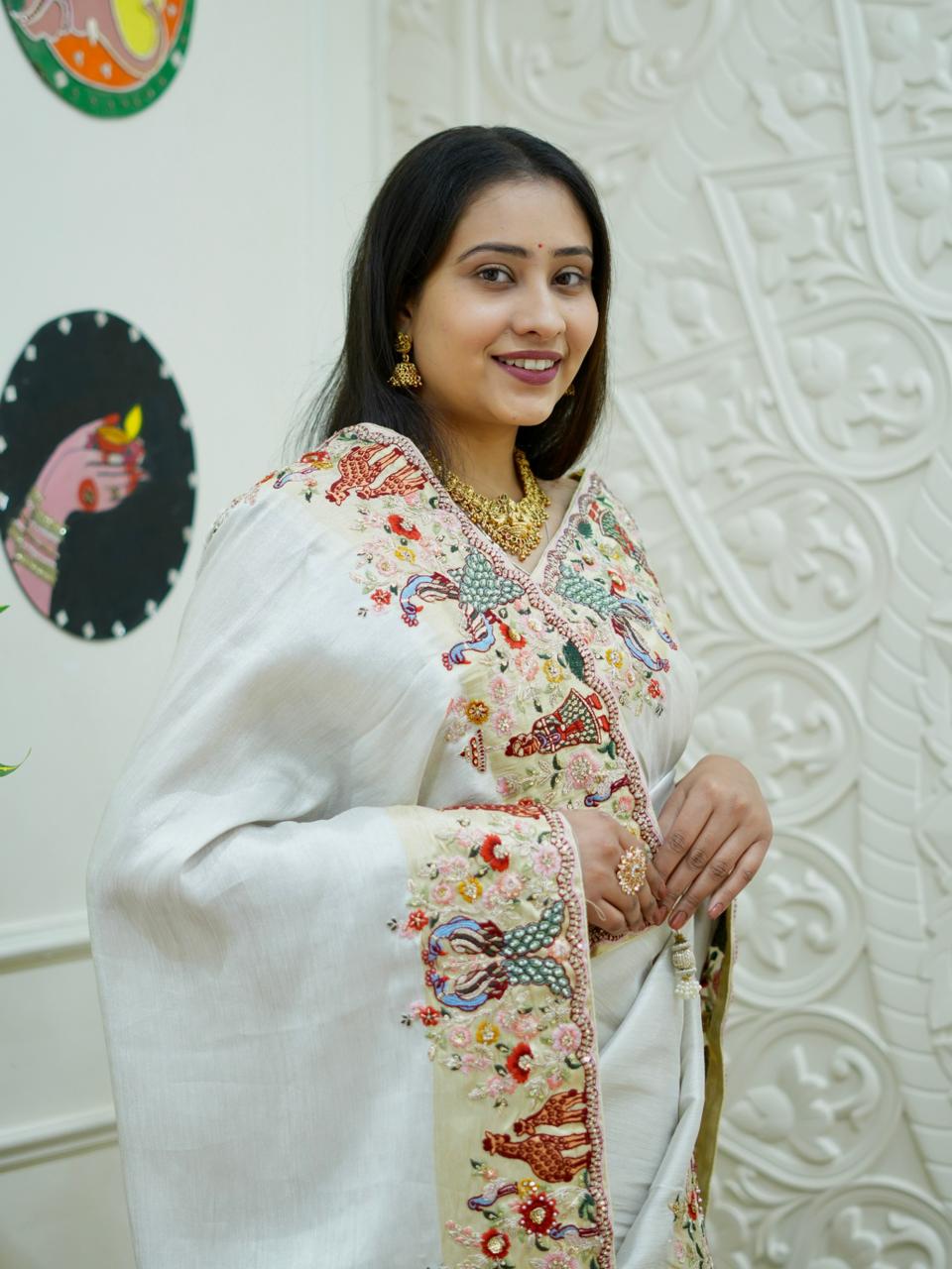 KcPc New Premium Tussar Tissue Saree with Elegant Embroidery WorkPAL