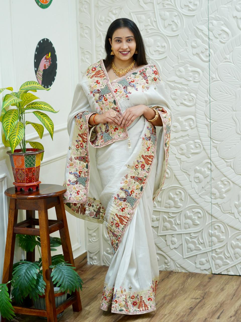 KcPc New Premium Tussar Tissue Saree with Elegant Embroidery WorkPAL