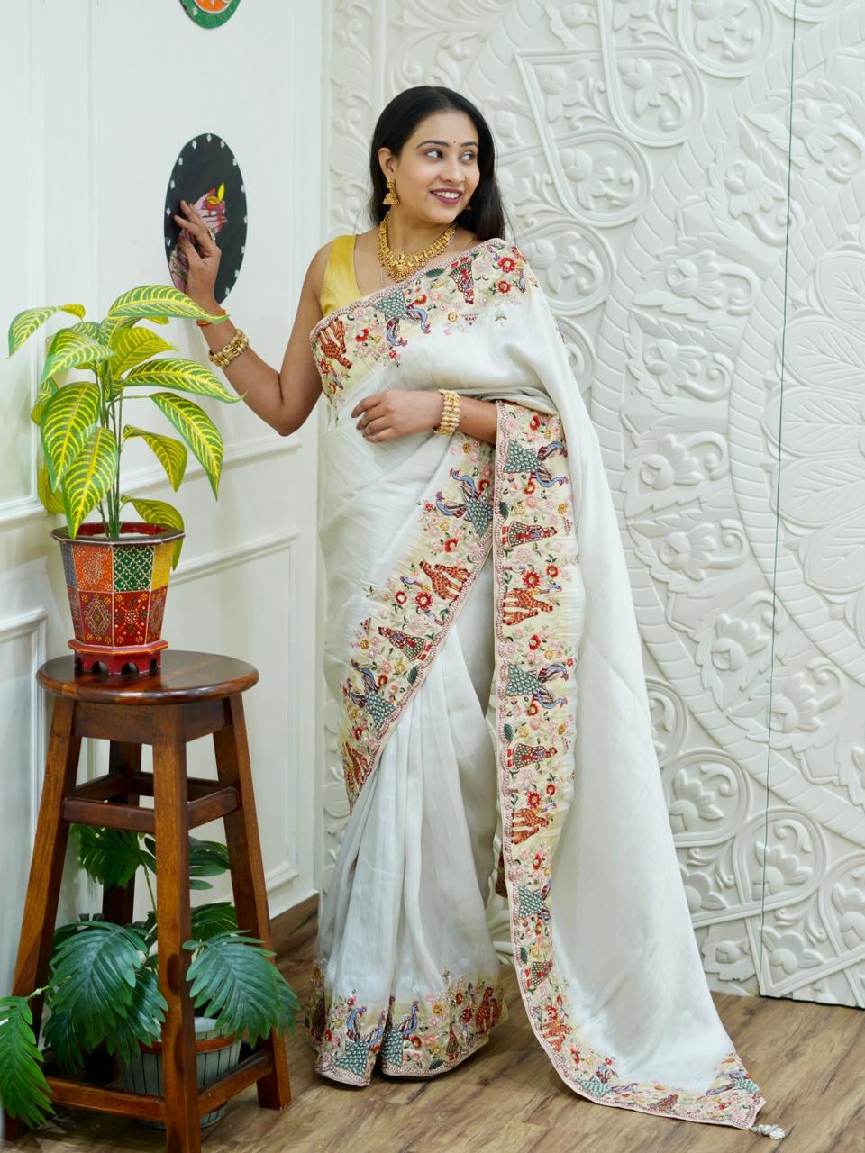 KcPc New Premium Tussar Tissue Saree with Elegant Embroidery WorkPAL